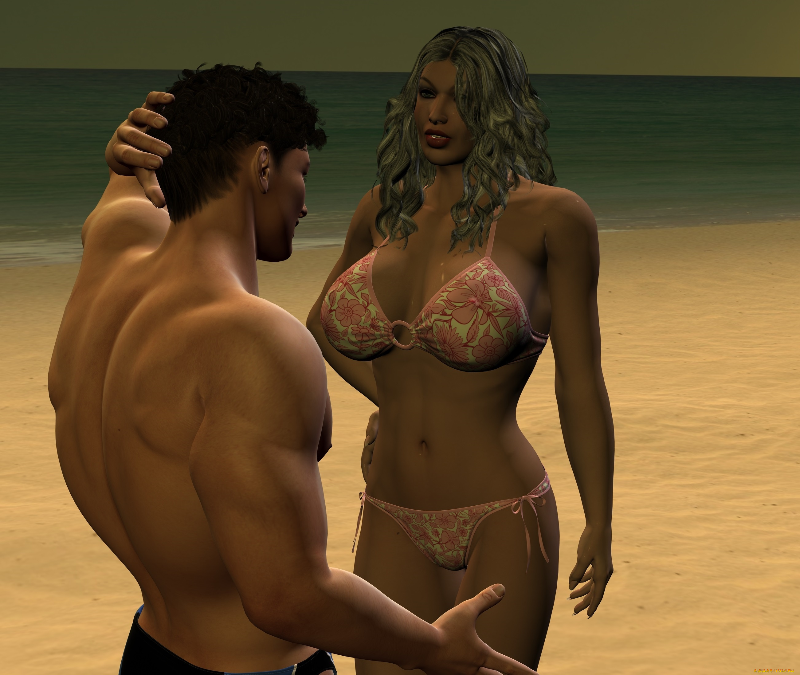 3д, графика, люди, , people, парень, фон, взгляд, девушка, пляж