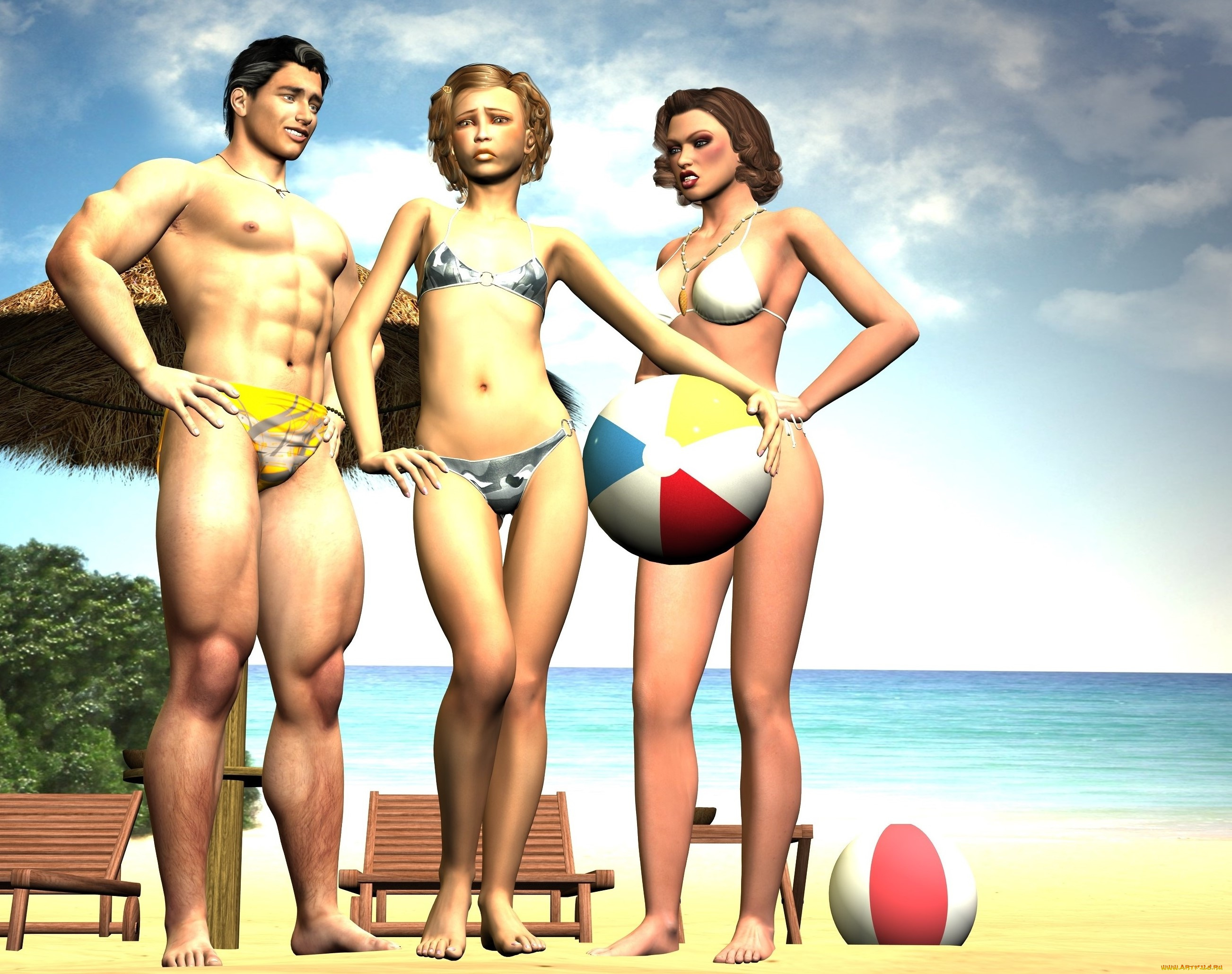 3д, графика, люди, , people, девушки, фон, взгляд, мяч, парень