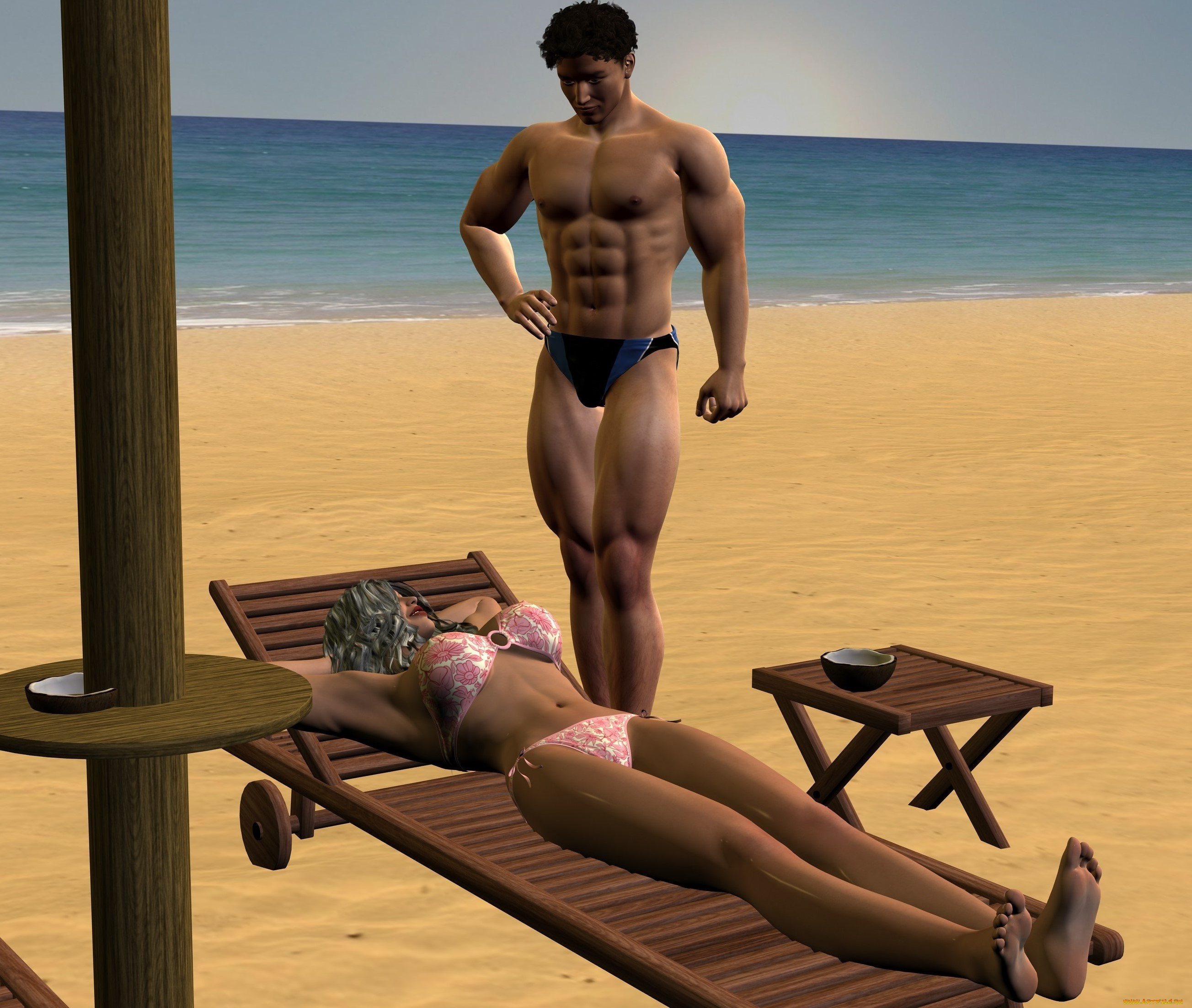 3д, графика, люди, , people, шезлонг, пляж, парень, фон, взгляд, девушка
