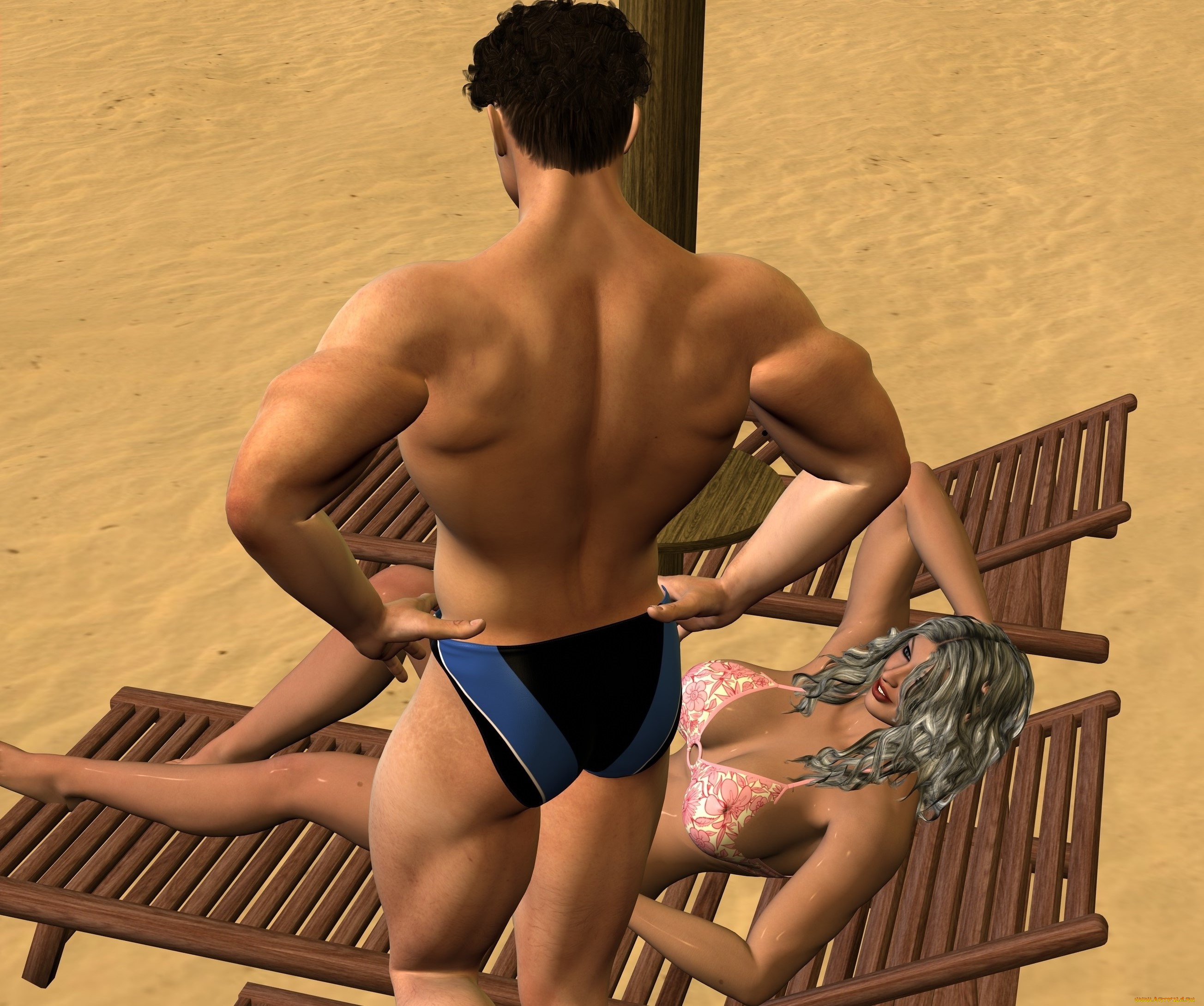 3д, графика, люди, , people, взгляд, фон, парень, пляж, шезлонг, девушка