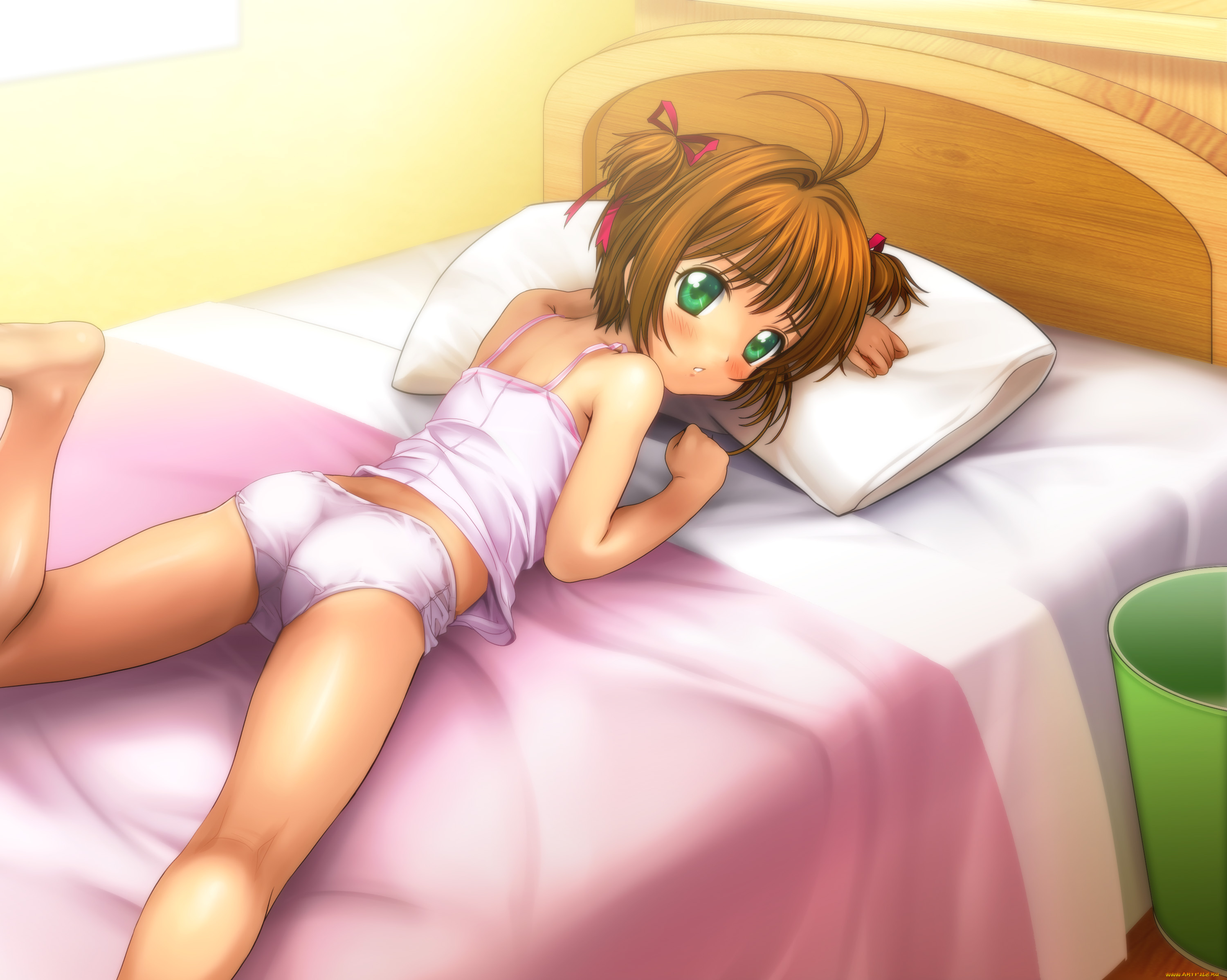 аниме, unknown, , другое, кровать, фон, взгляд, девушка