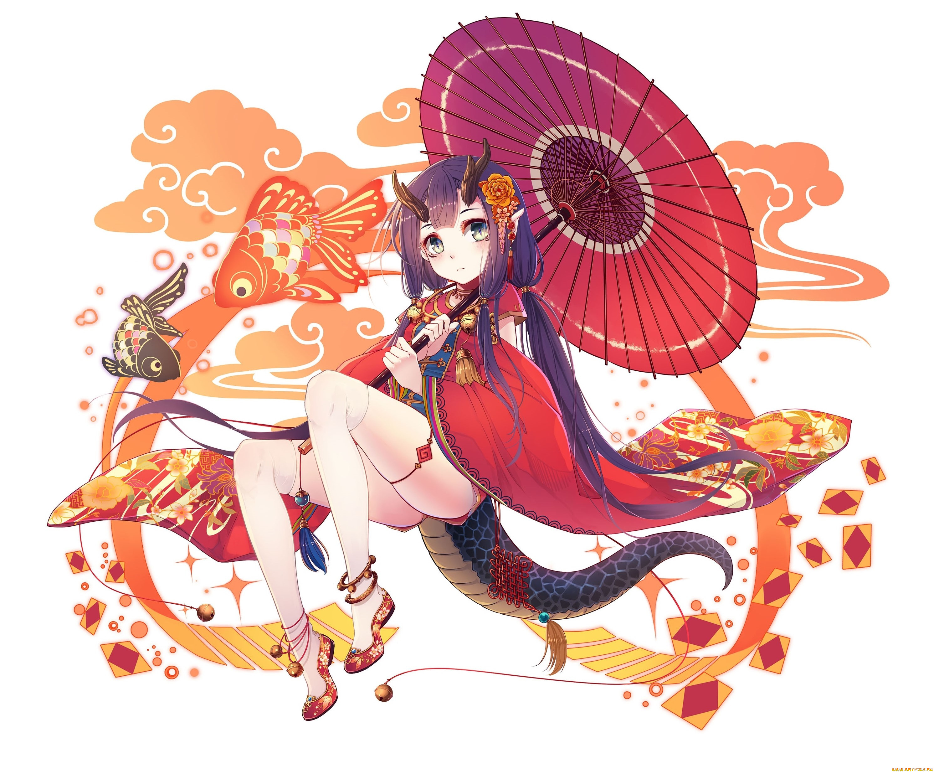 аниме, животные, , существа, зонтик, фон, взгляд, девушка