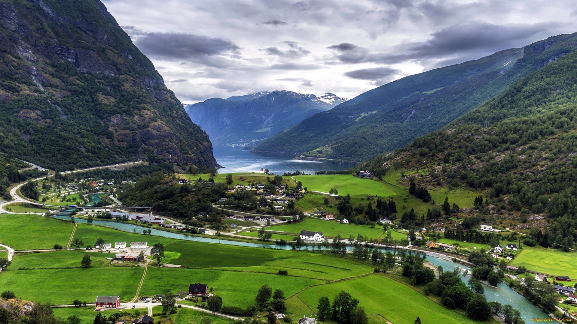 города, -, панорамы, горы, река, фьорд, дома
