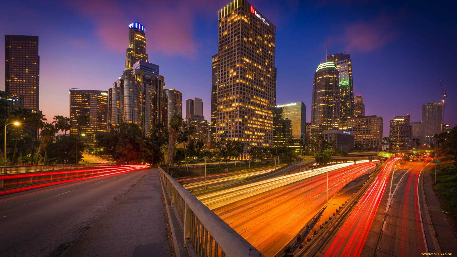 города, -, огни, ночного, города, город, небоскребы, огни, мост, ночь