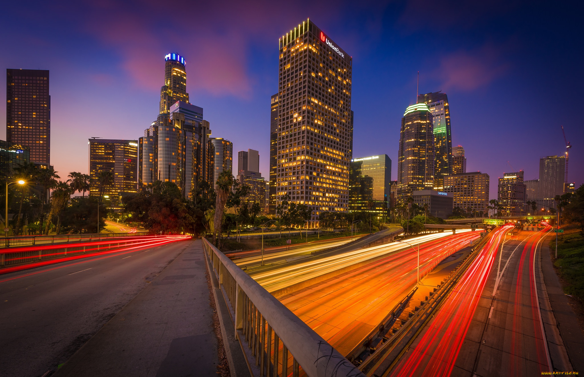 города, -, огни, ночного, города, город, небоскребы, огни, мост, ночь