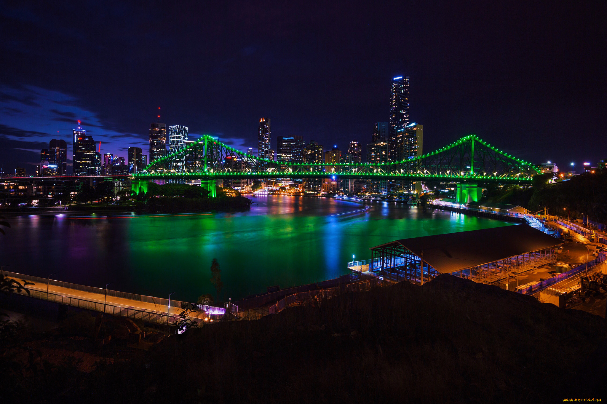 brisbane, города, брисбен, , австралия, ночь, огни, панорама, мост