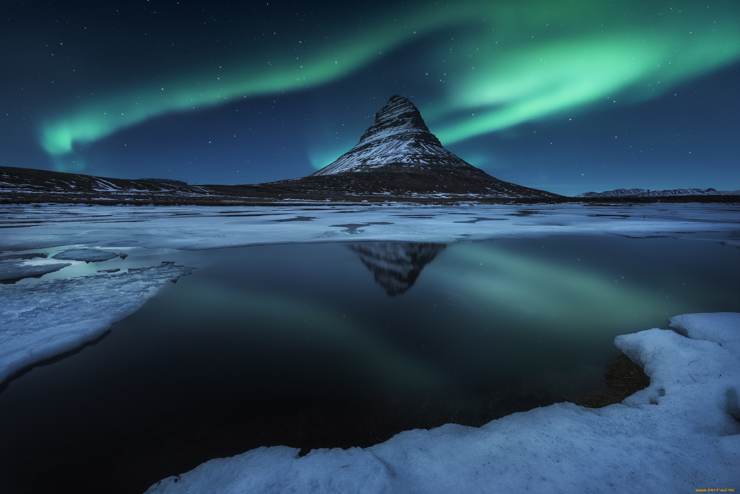 природа, северное, сияние, гора, kirkjufell, исландия, звезды, снег, зима, северное, сияние, ночь, вода