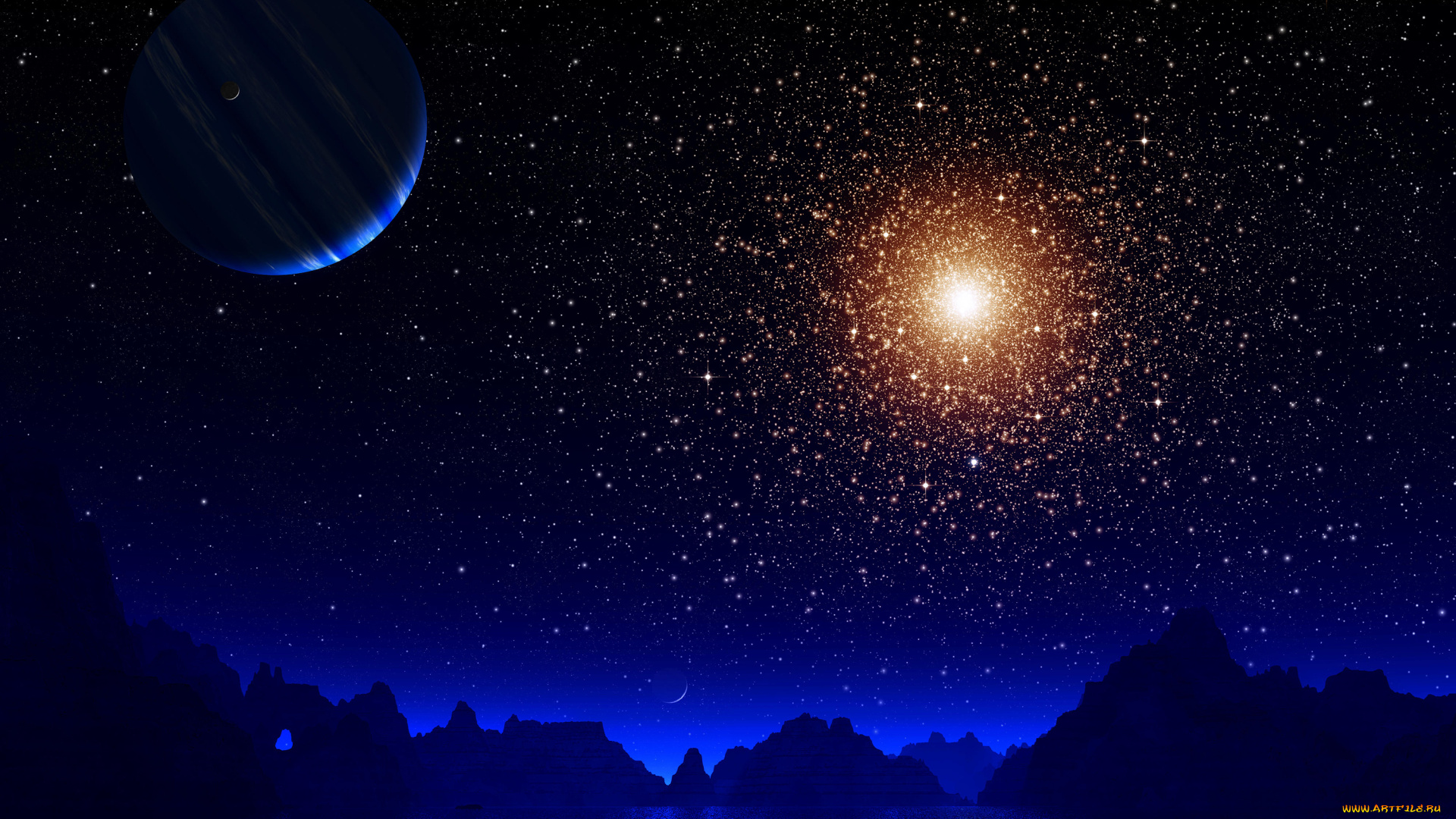 3д, графика, природа, , nature, свет, ночь, луна, отражение, вода, космос, звёзды