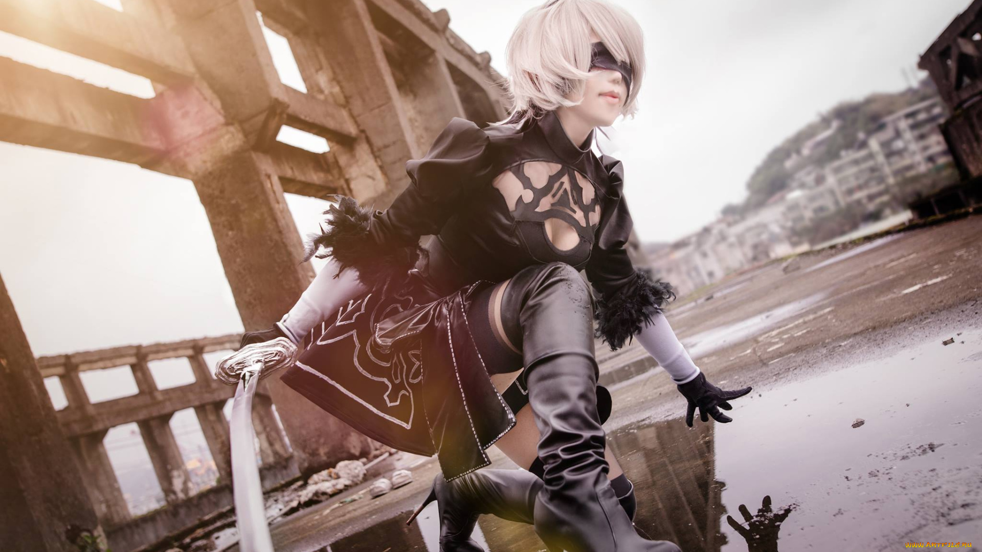 девушки, -unsort, , девушки, с, оружием, 2в, развалины, лужа, оружие, андроид, девушка