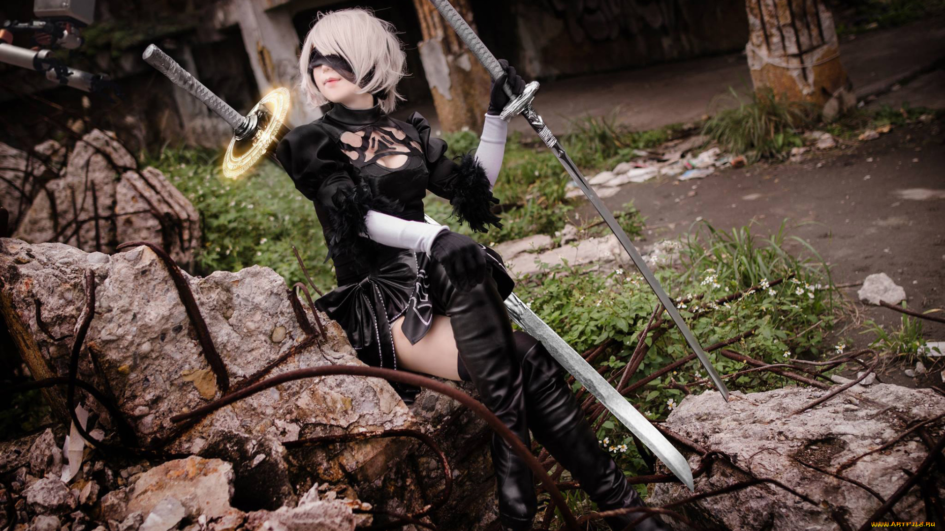 девушки, -unsort, , девушки, с, оружием, развалины, андроид, 2в, девушка, мечи, shimotsuki