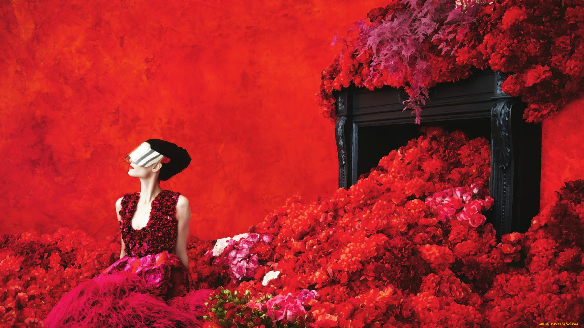 девушки, -unsort, , креатив, маска, цветы, платье, брюнетка