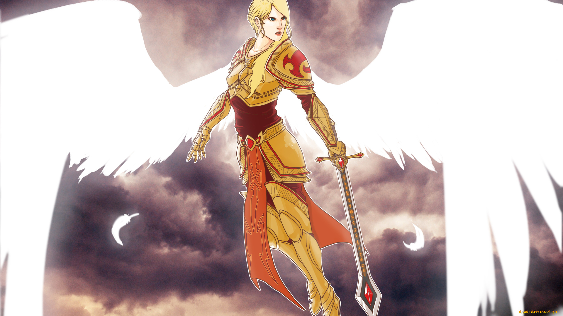 фэнтези, ангелы, меч, латы, крылья, девушка, фон