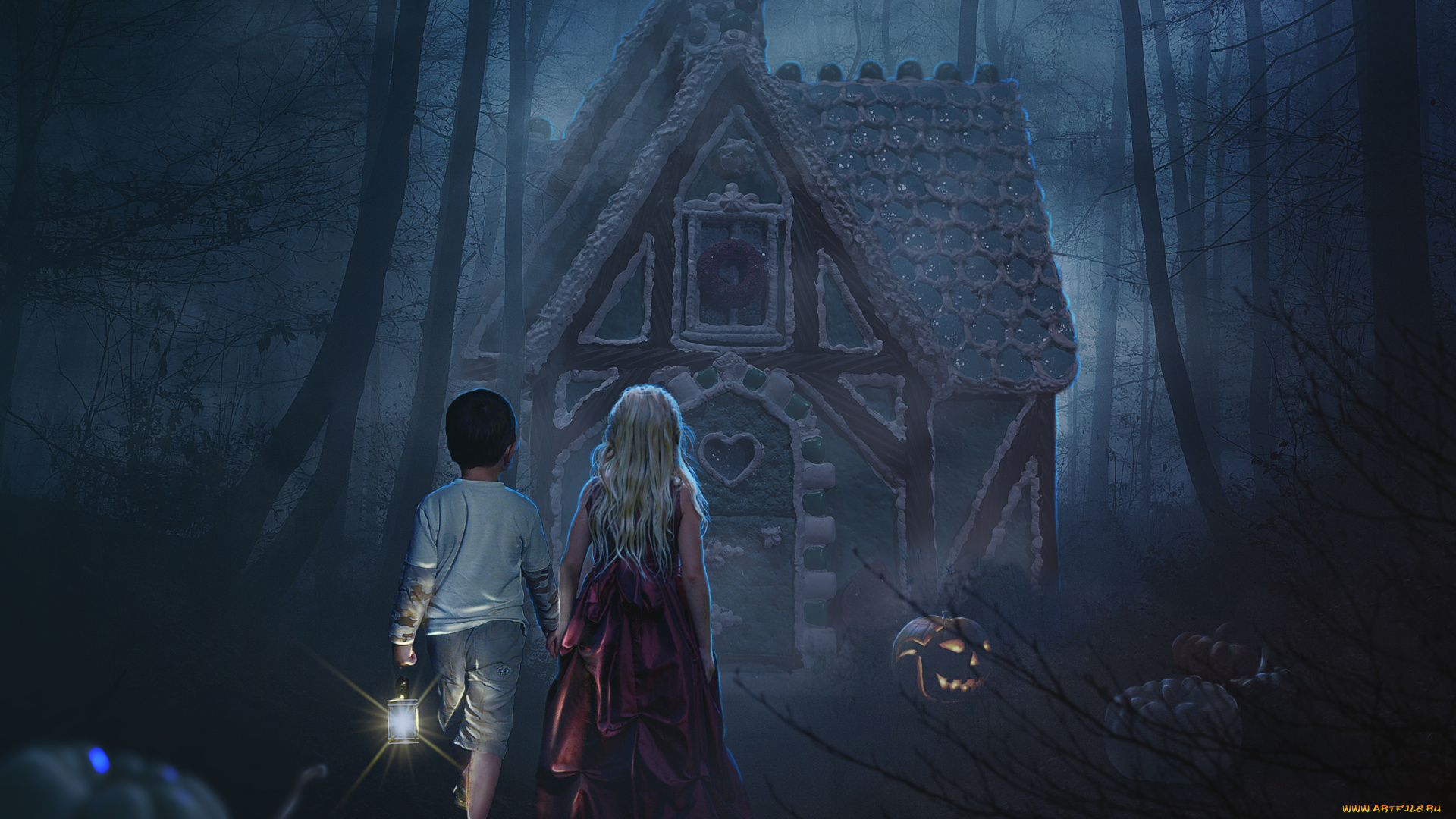 фэнтези, фотоарт, мальчик, девочка, фон, фонарь, дом, тыква