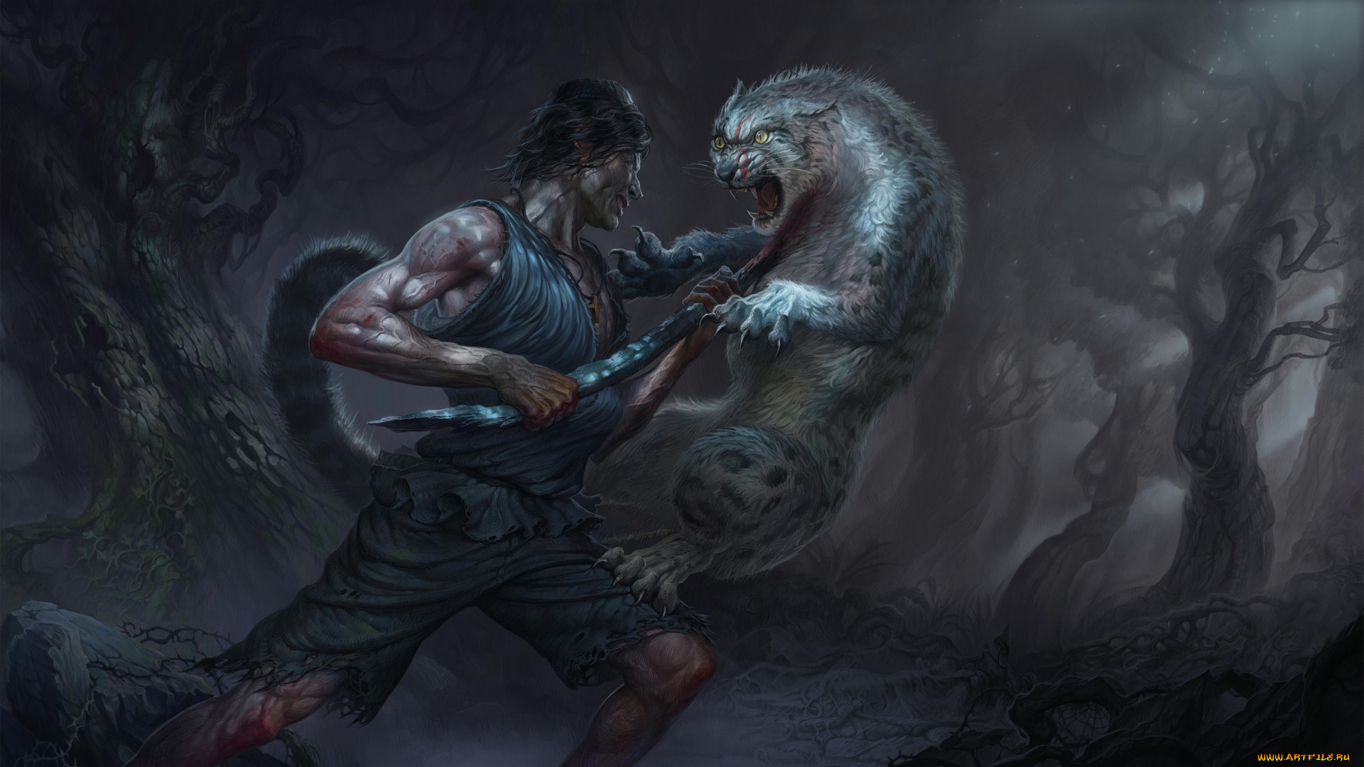 фэнтези, люди, мужчина, человек, битва, сражение, нападение, барс, кошка, животное, хищник, лес, когти, пасть