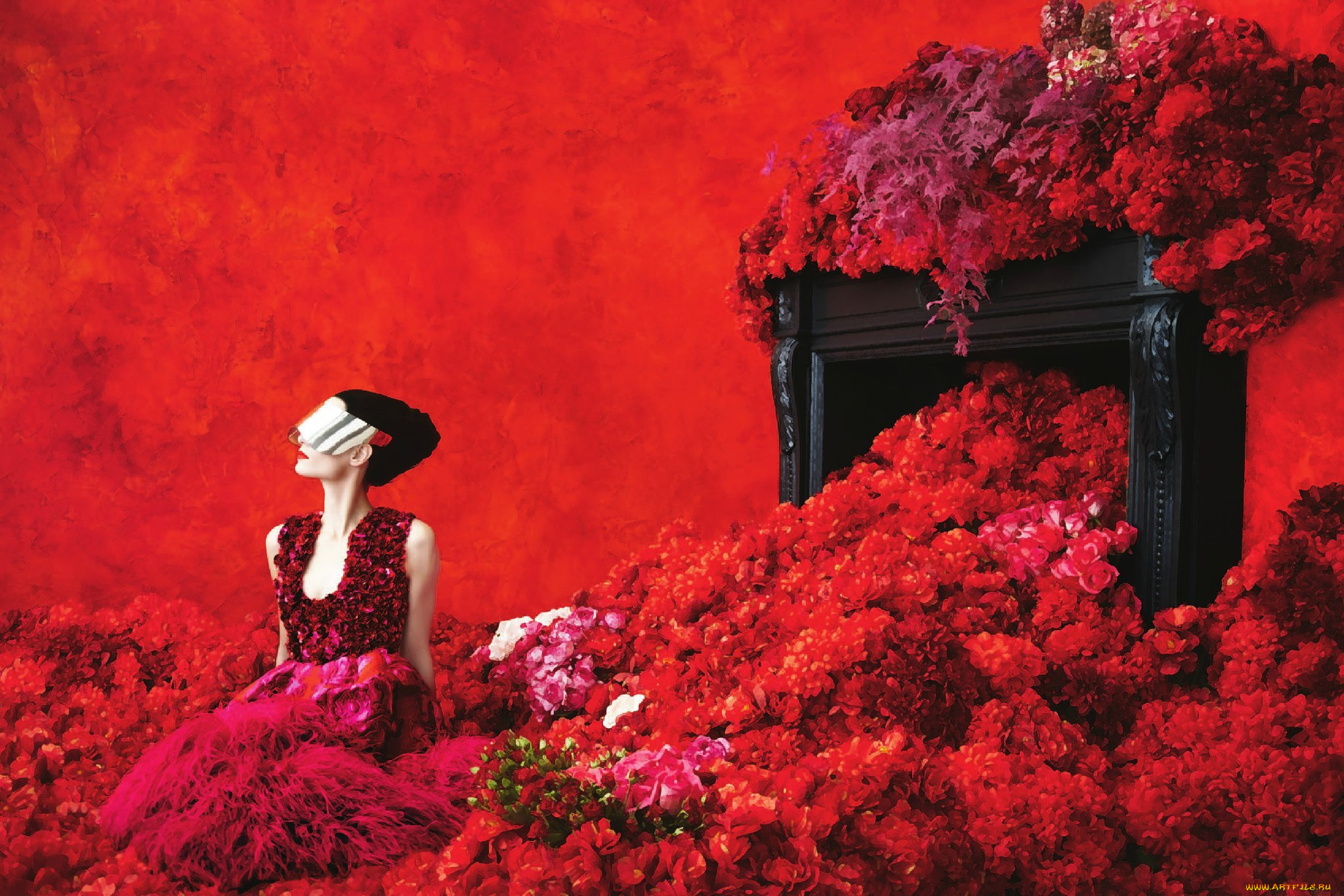 девушки, -unsort, , креатив, маска, цветы, платье, брюнетка