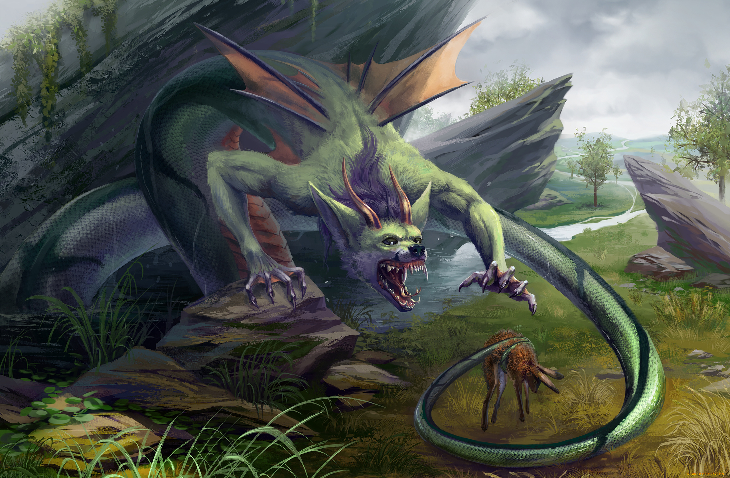 фэнтези, существа, обед, страшилище, крылья, хвост, заяц, пища, дракон, монстр, существо, охота, чудовище