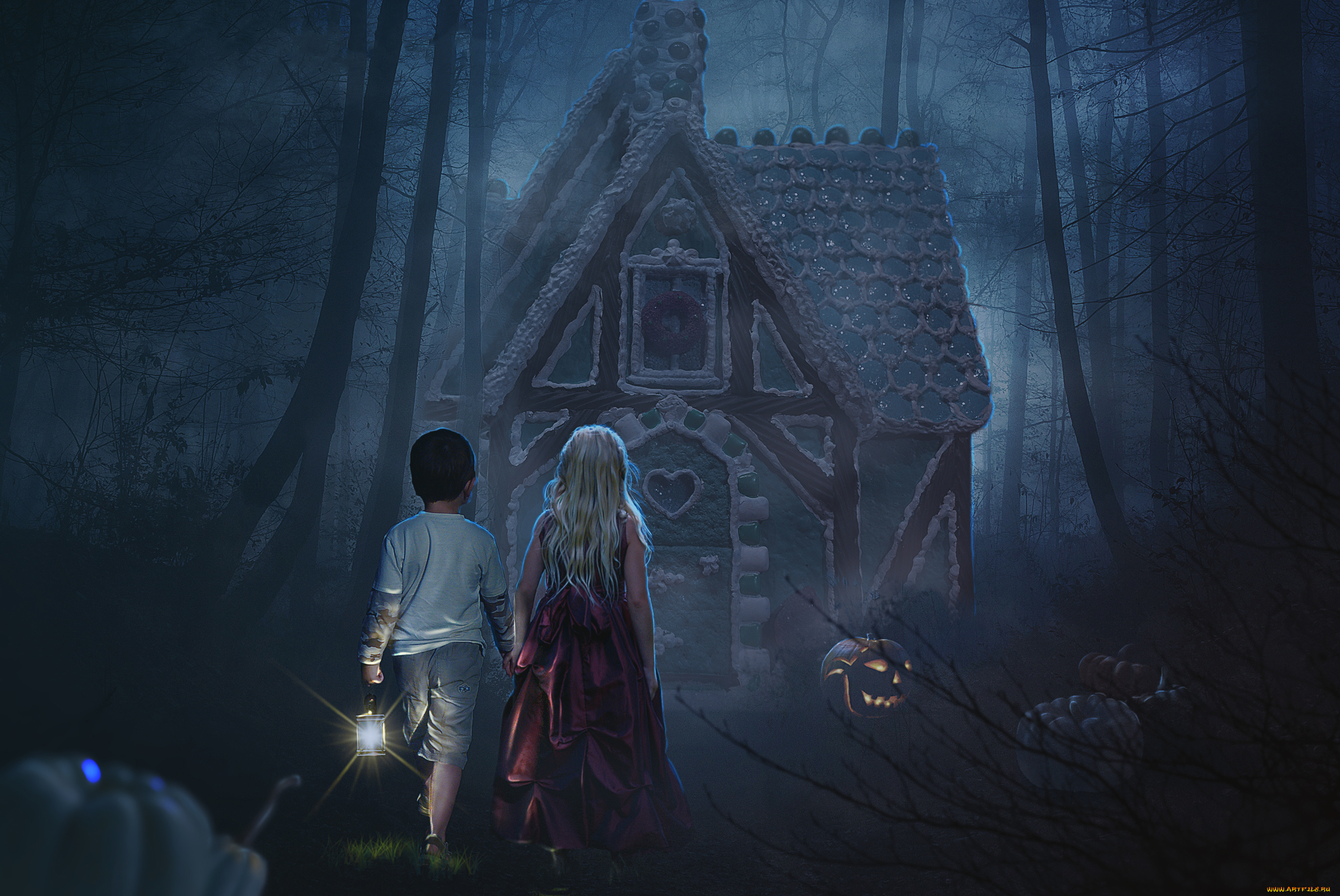 фэнтези, фотоарт, мальчик, девочка, фон, фонарь, дом, тыква