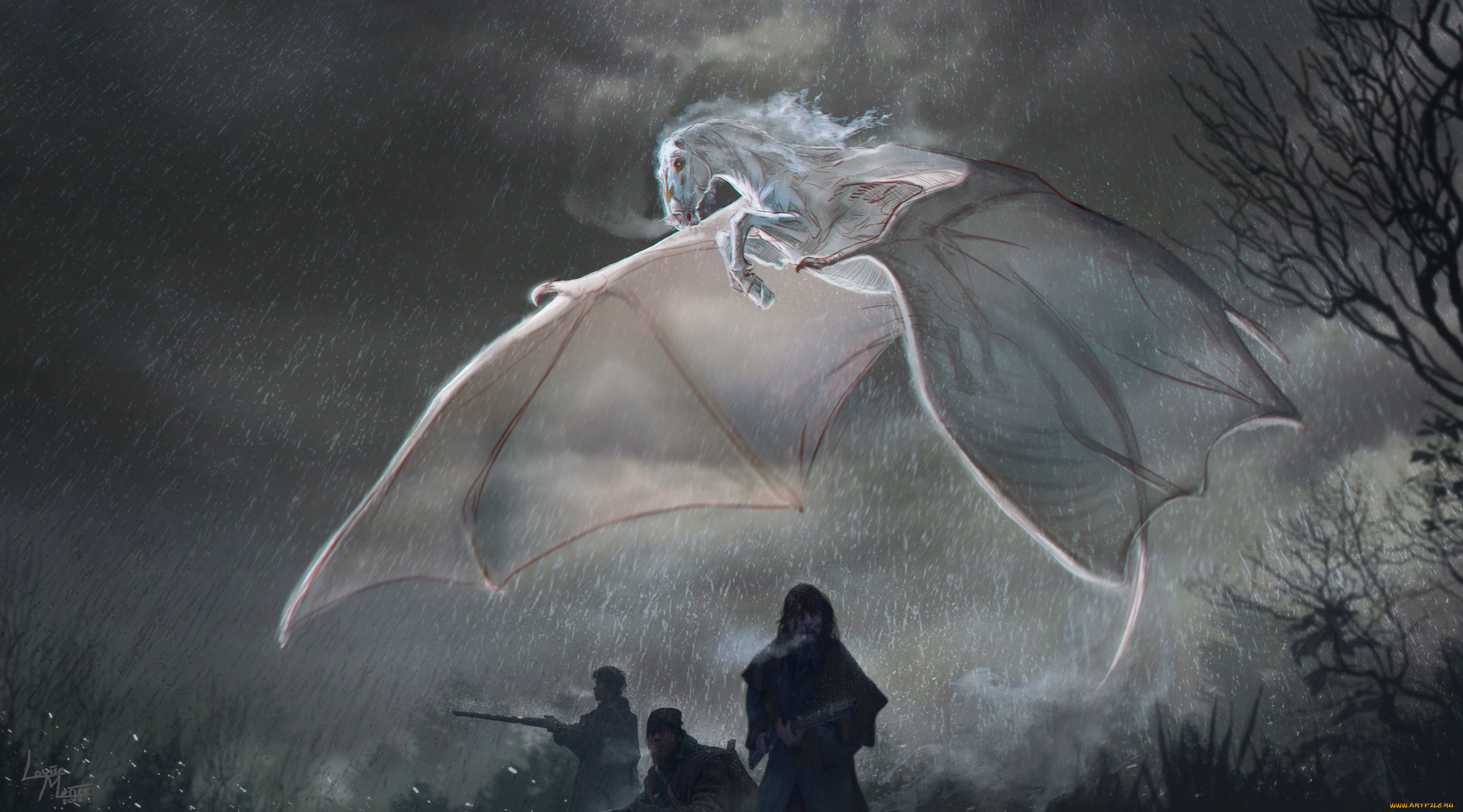 фэнтези, существа, люди, фон, крылья, конь, пегас