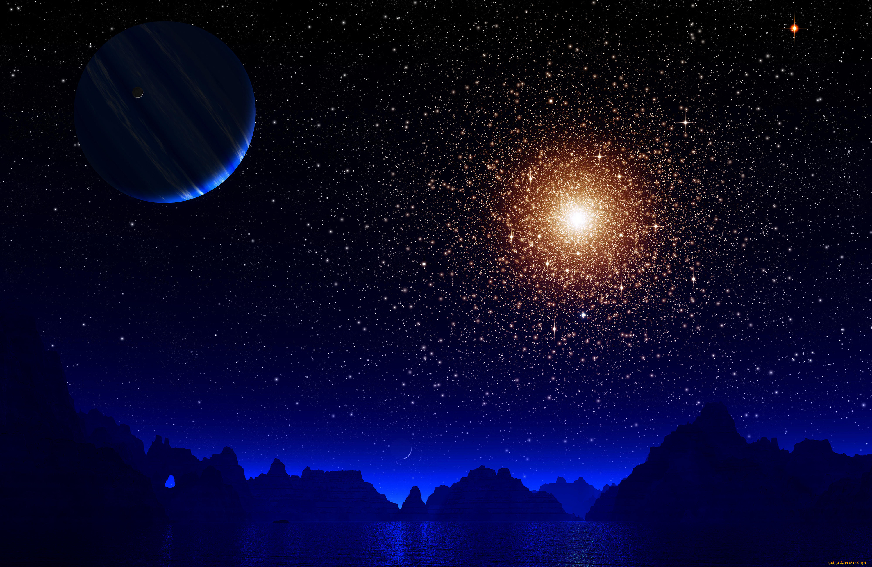 3д, графика, природа, , nature, свет, ночь, луна, отражение, вода, космос, звёзды