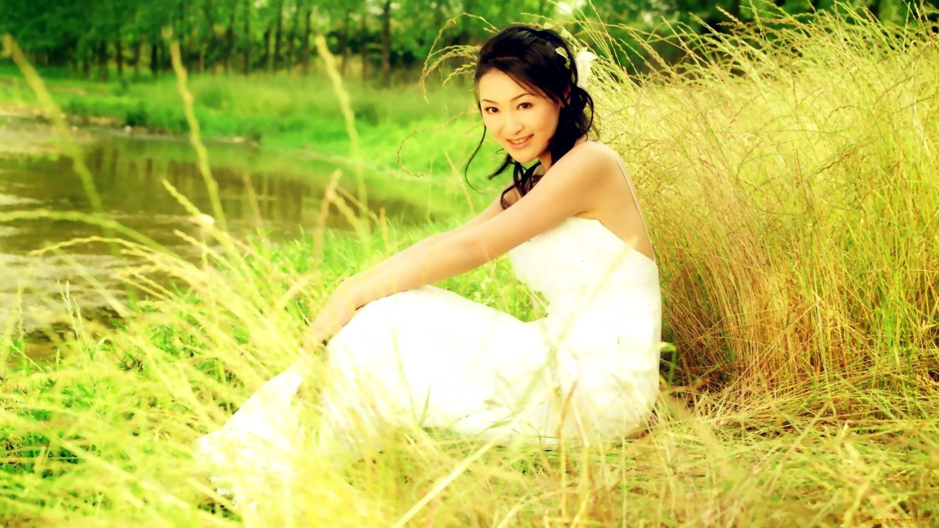 девушки, -, азиатки, брюнетка, платье, трава, озеро