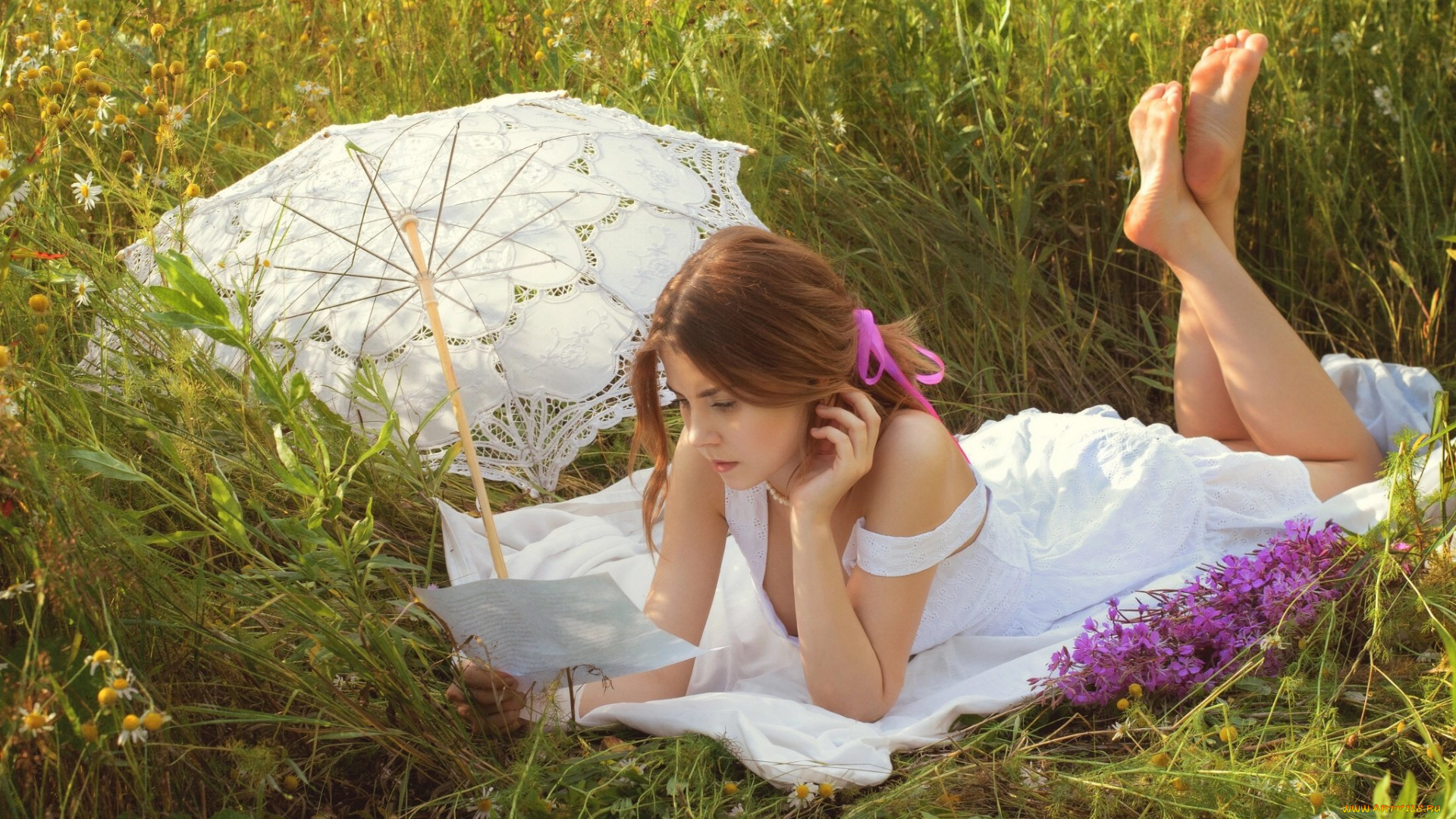 девушки, -, рыжеволосые, и, разноцветные, рыжая, сарафан, зонт, подстилка, трава