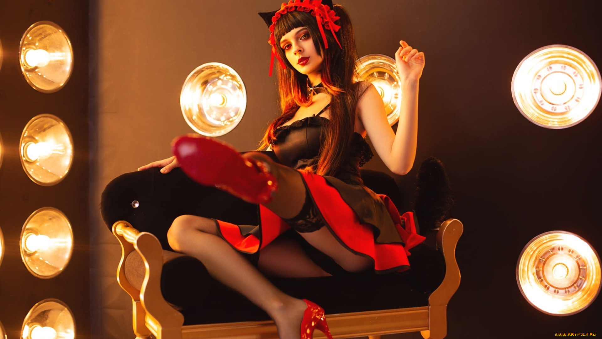 девушки, kurumirori, костюм, образ, кресло, свет