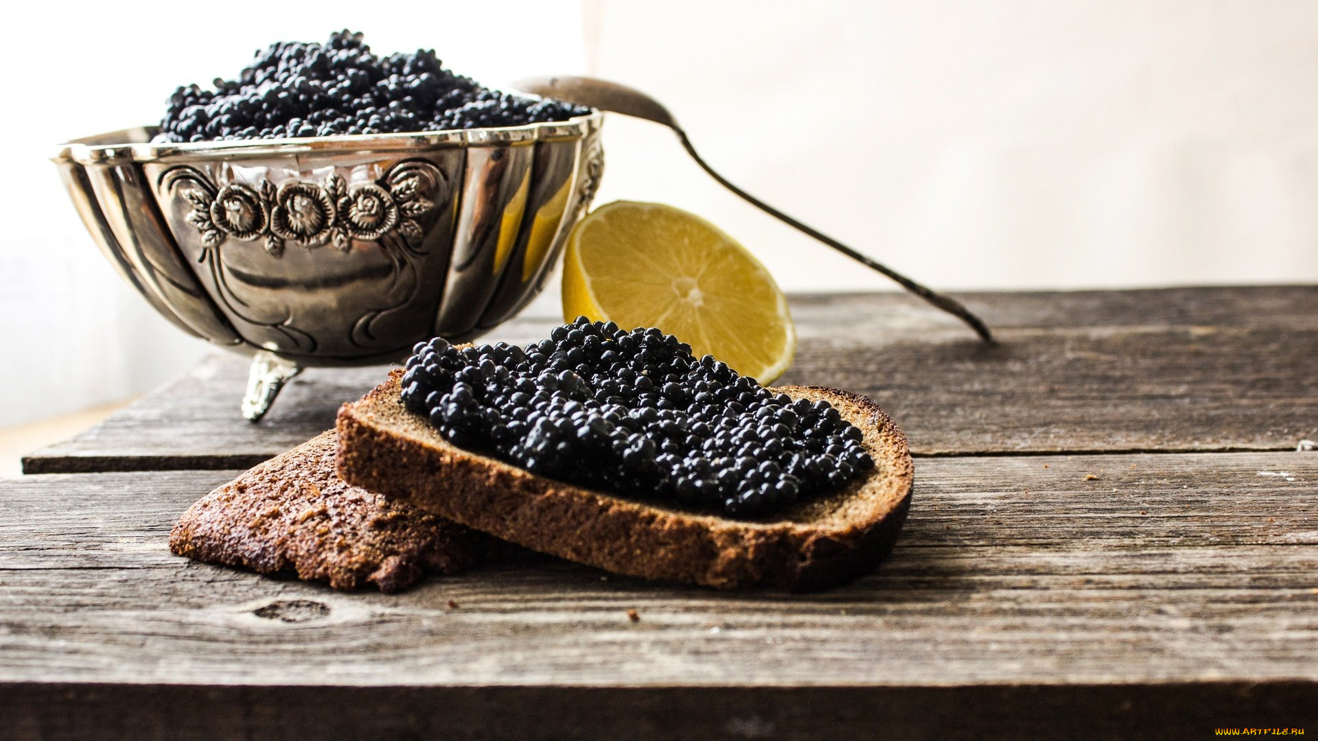 еда, икра, лимон, хлеб, черная, деликатес