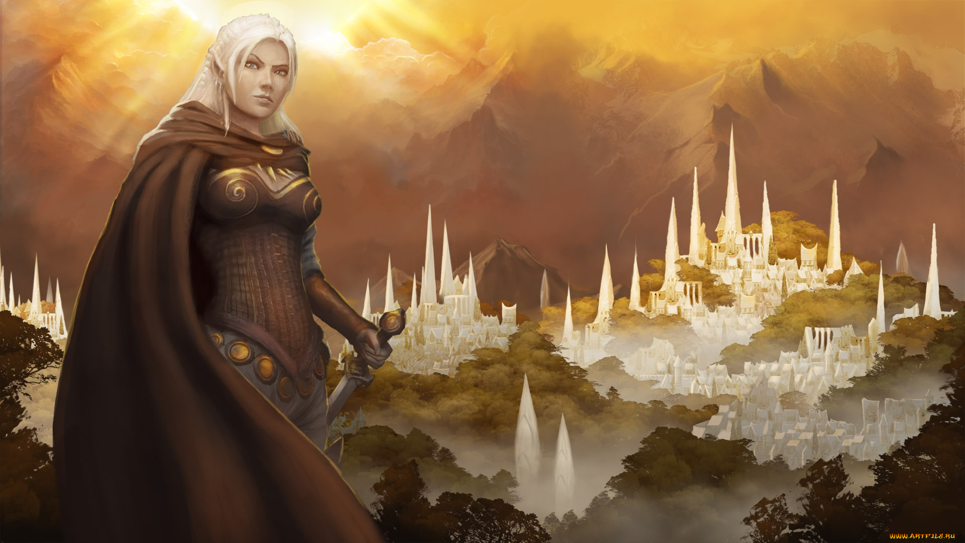 видео, игры, age, of, wonders, iii, девушка, плащ, меч, город