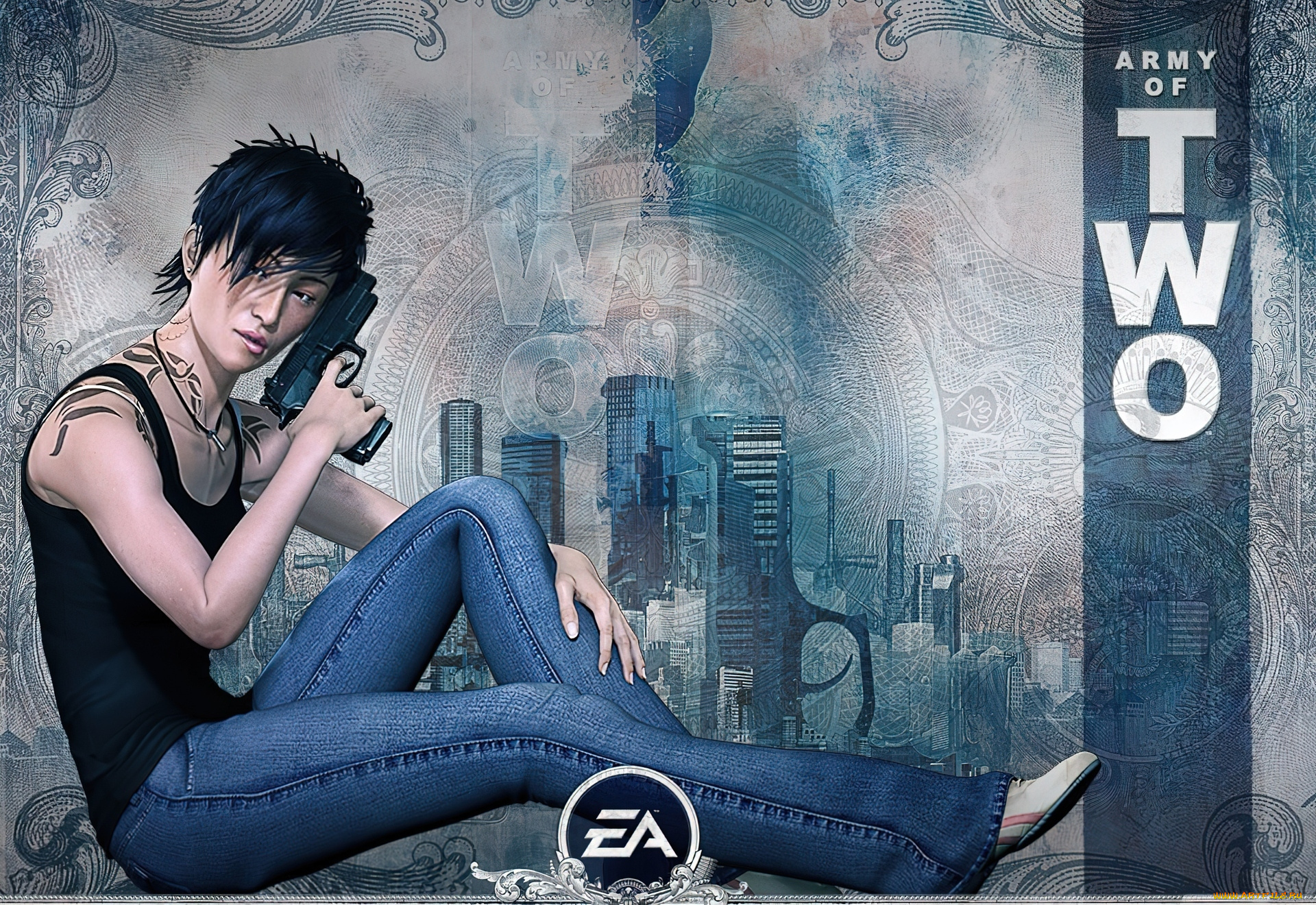 видео, игры, army, of, two, пистолет, майка, джинсы, тату, город
