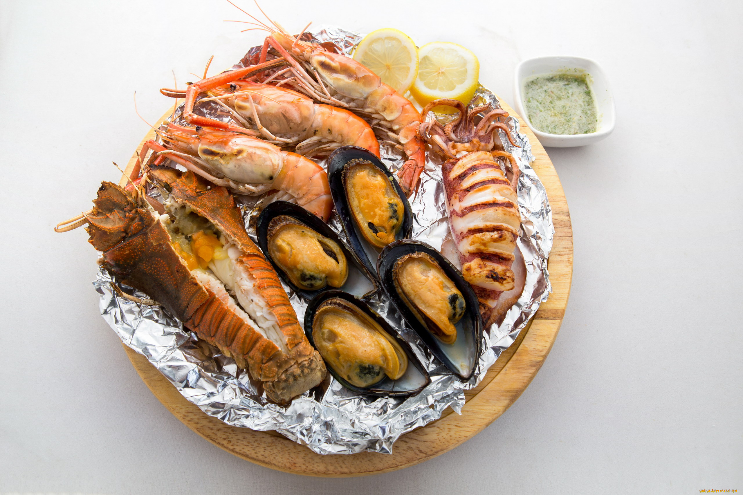 еда, рыбные, блюда, , с, морепродуктами, краб, креветки, мидии, соус