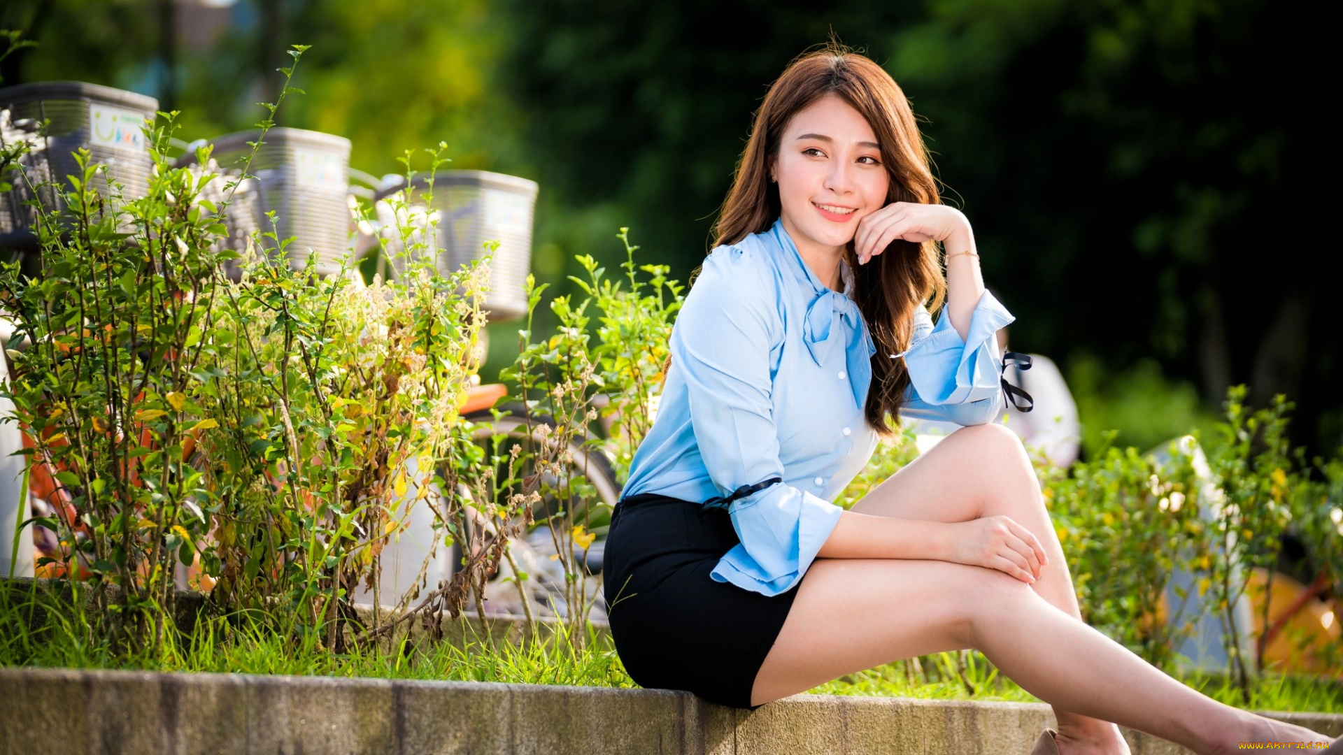 девушки, -, азиатки, шатенка, блузка, юбка, бордюр, кусты