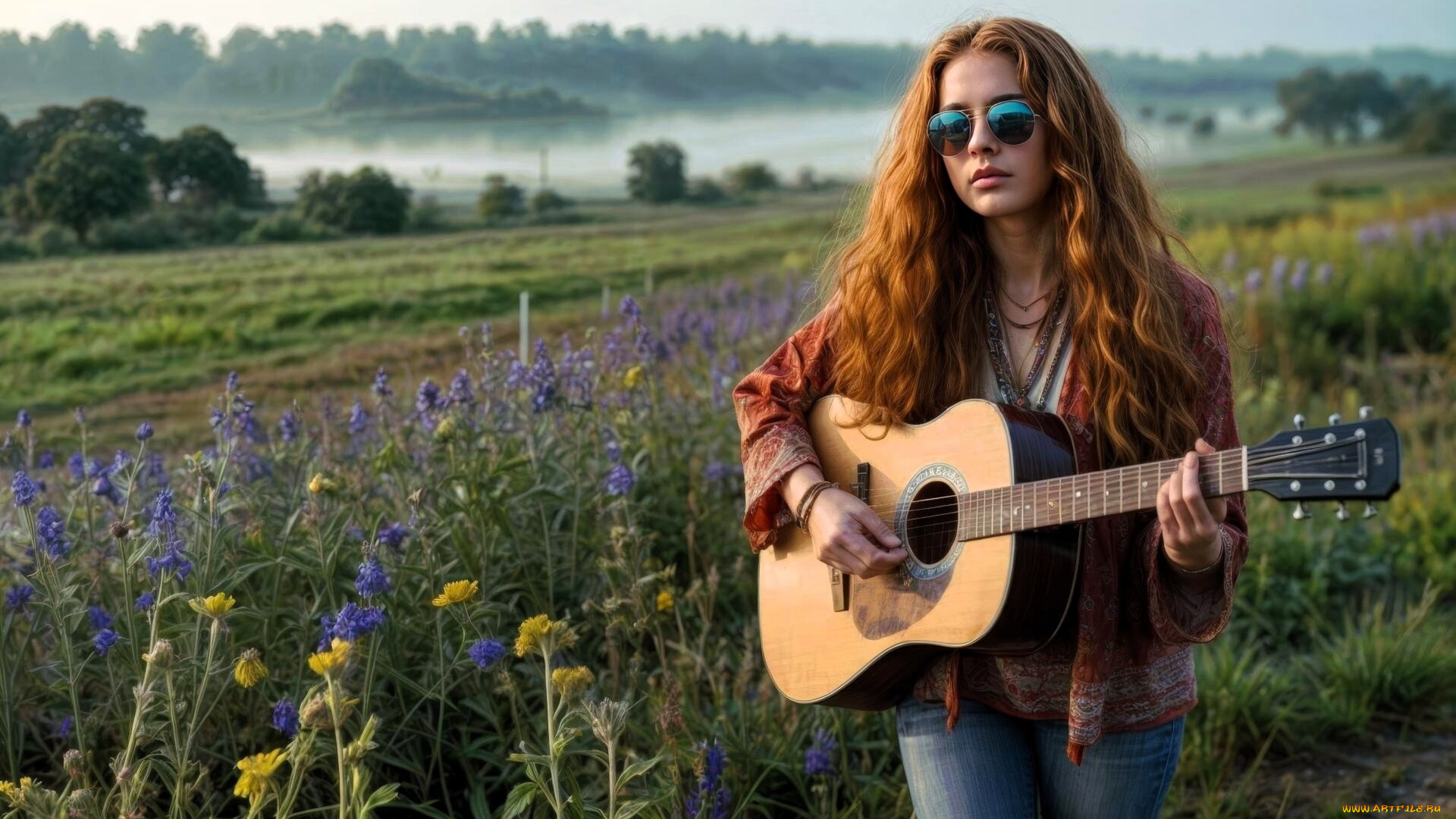девушки, -, рыжеволосые, и, разноцветные, рыжая, очки, туника, гитара, джинсы, луг, туман, цветы
