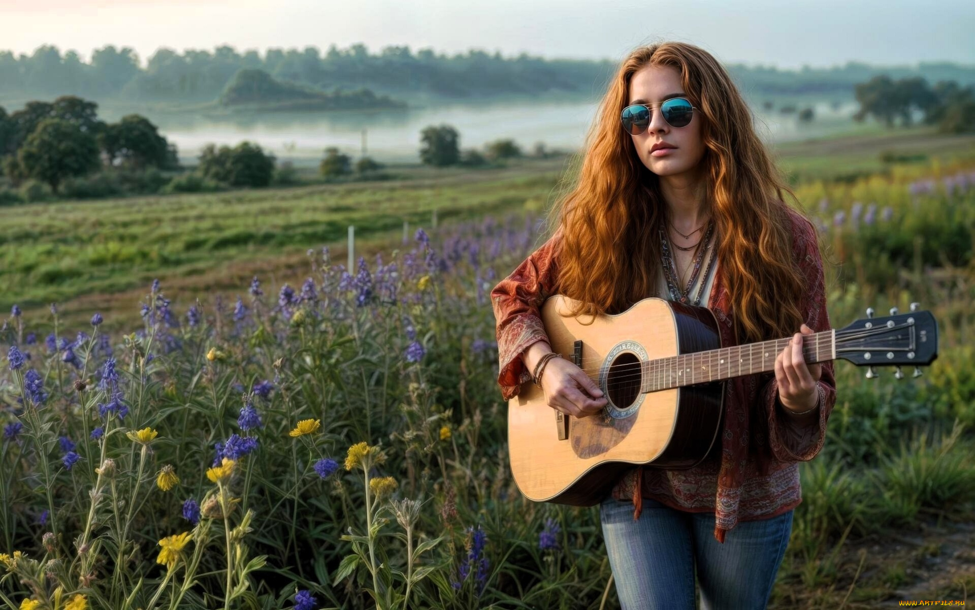 девушки, -, рыжеволосые, и, разноцветные, рыжая, очки, туника, гитара, джинсы, луг, туман, цветы