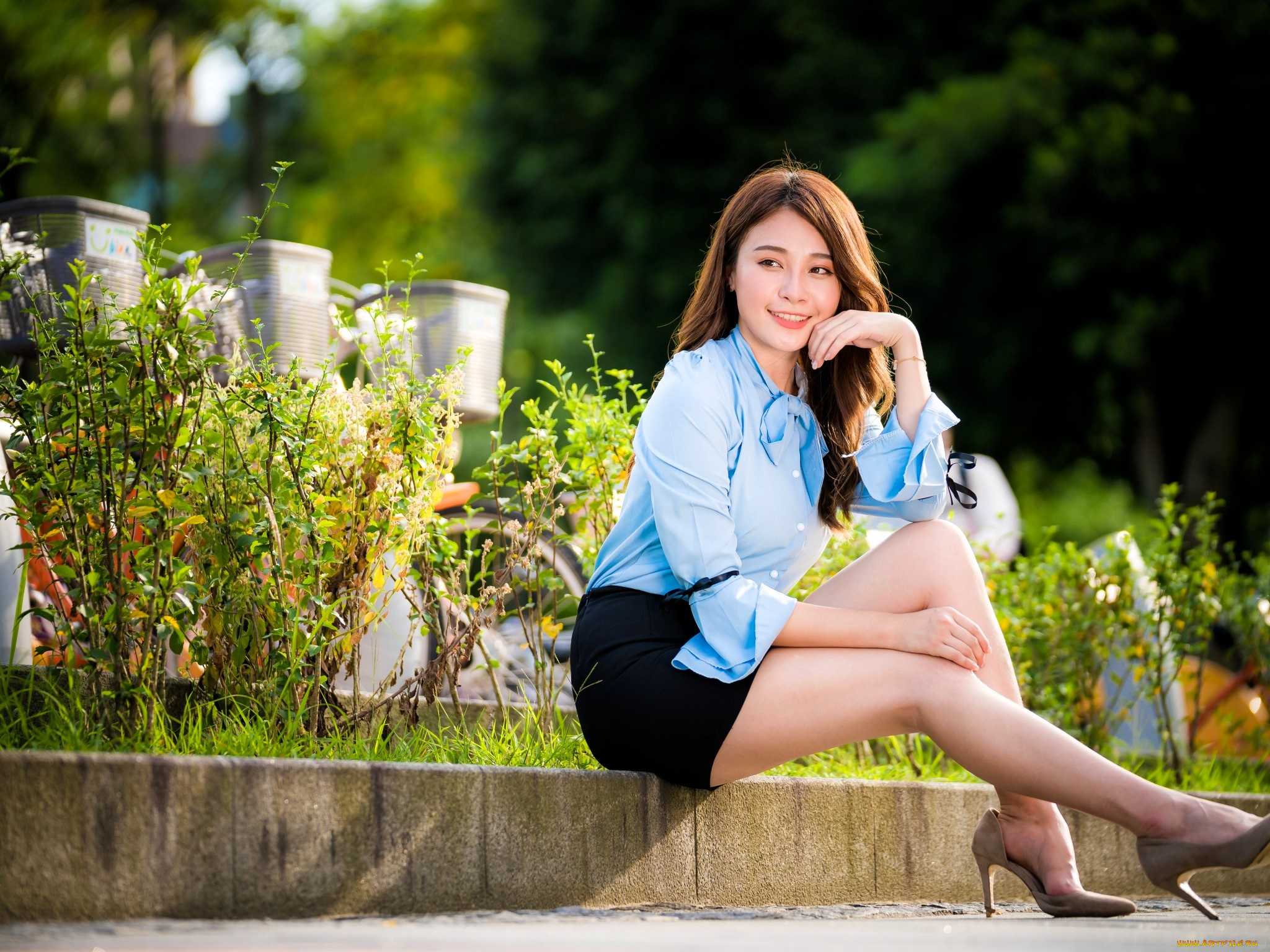 девушки, -, азиатки, шатенка, блузка, юбка, бордюр, кусты