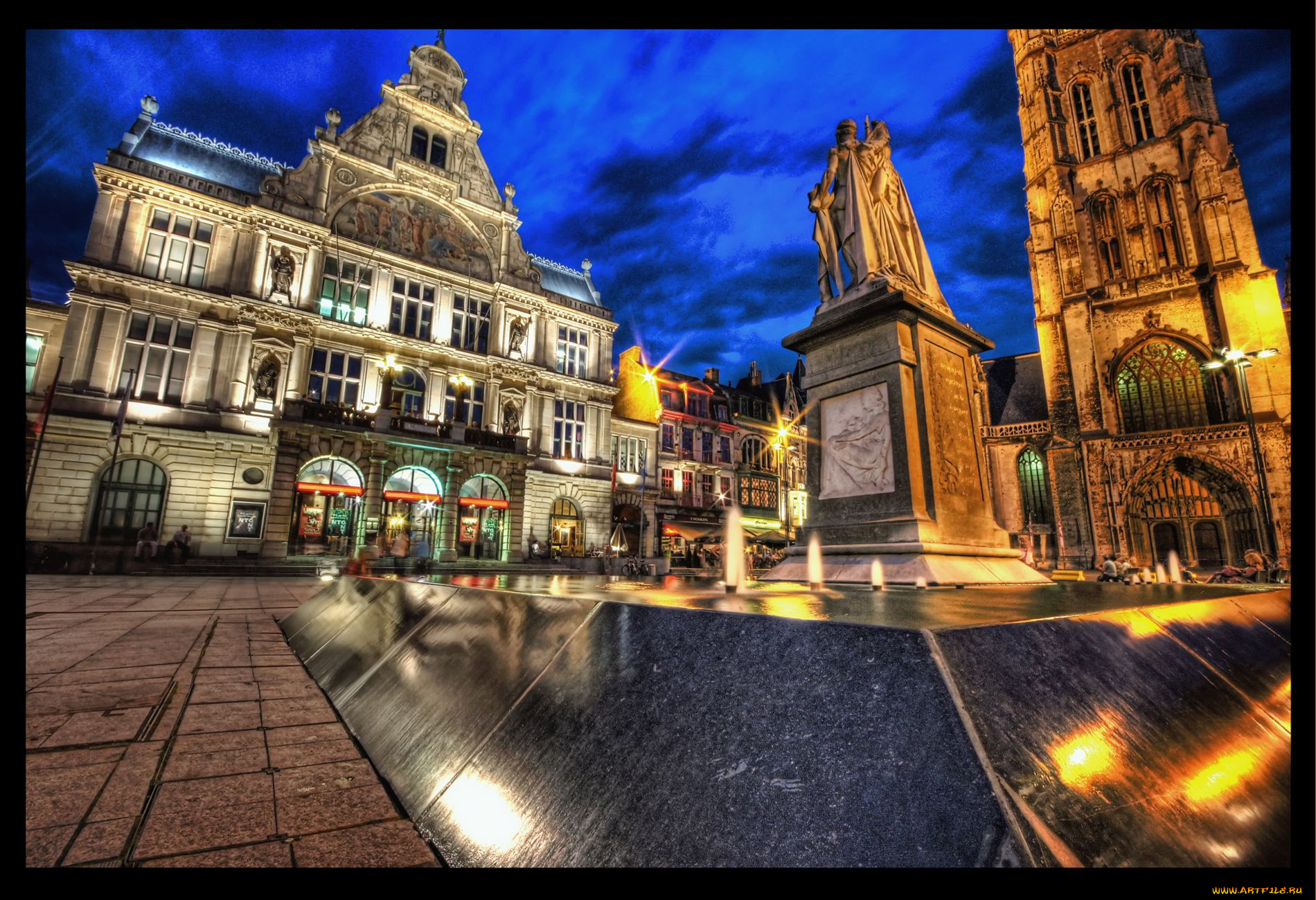 гент, бельгия, города, огни, ночного, здание, памятник, площадь