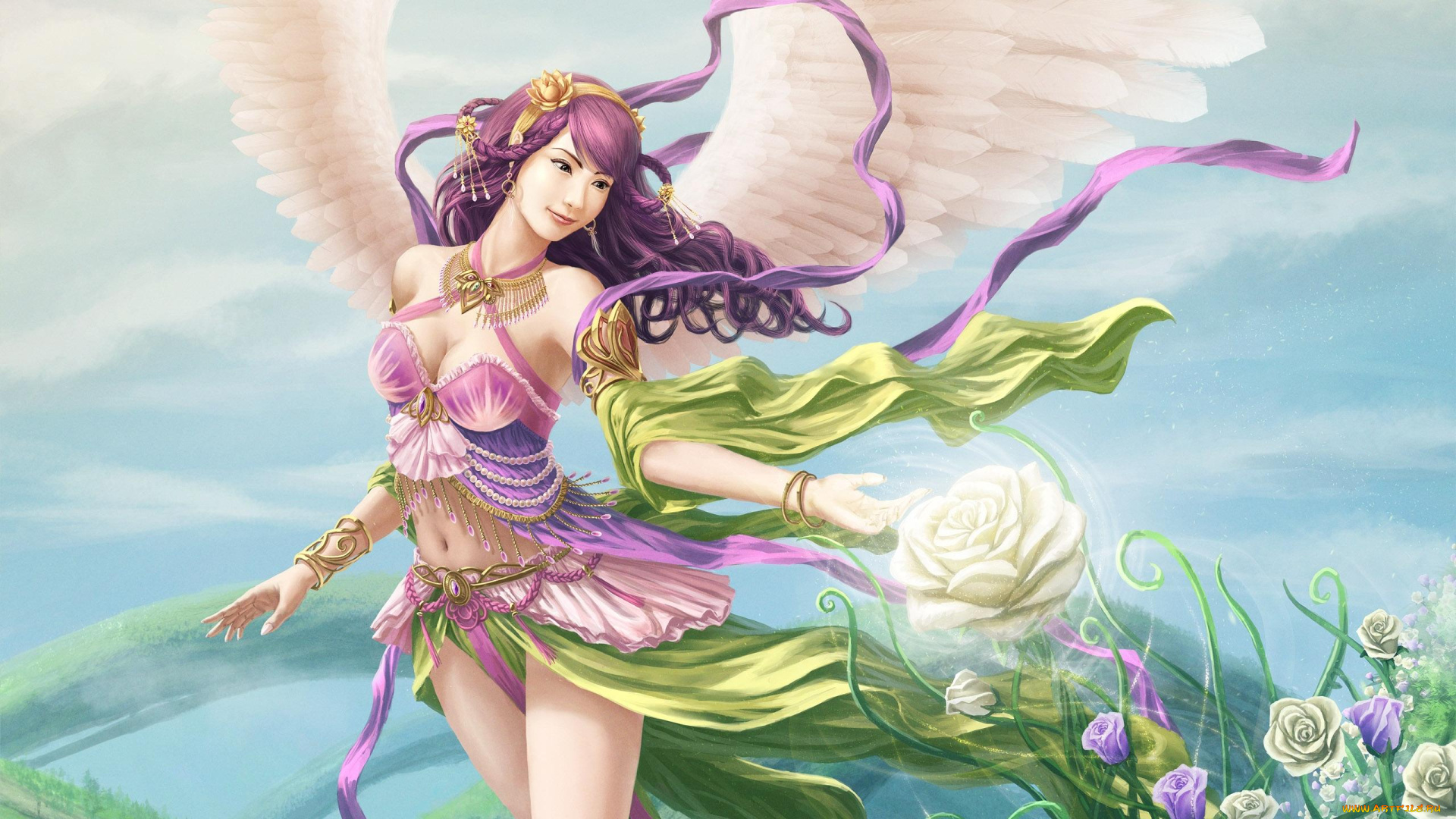 david, villegas, фэнтези, ангел, крылья, цветы, розы