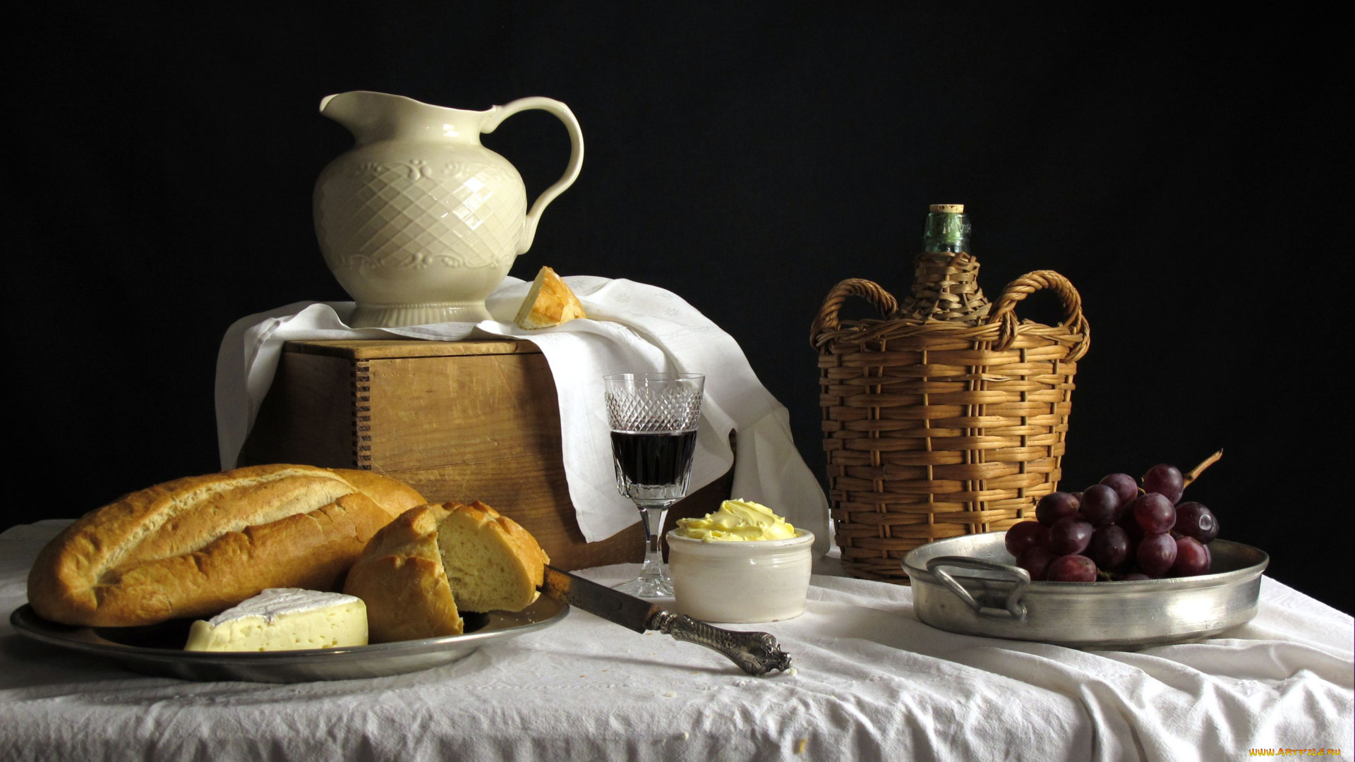 еда, натюрморт, масло, бокал, кувшин, хлеб, вино, виноград
