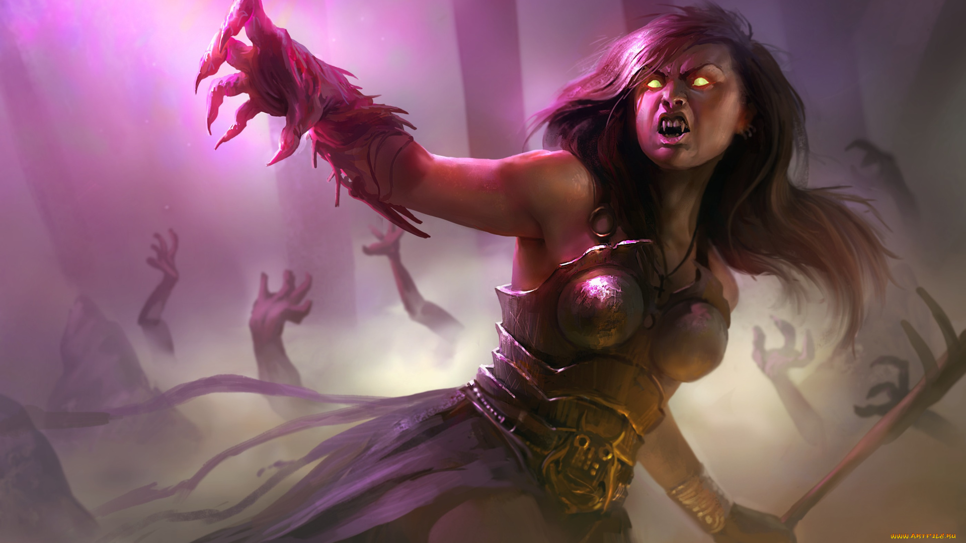 фэнтези, существа, когти, клыки, туман, доспехи, горящие, глаза