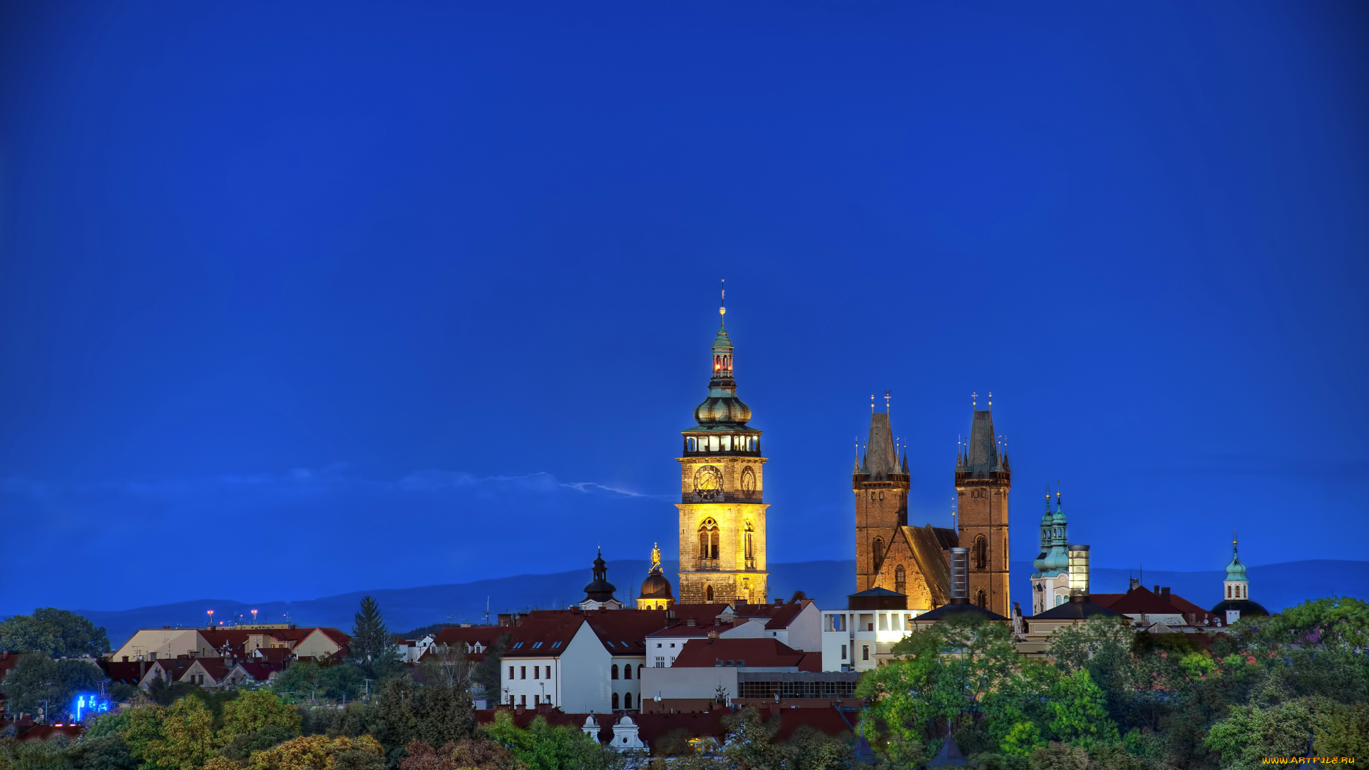 hradec, krаlovе, Чехия, города, огни, ночного, дома, ночь