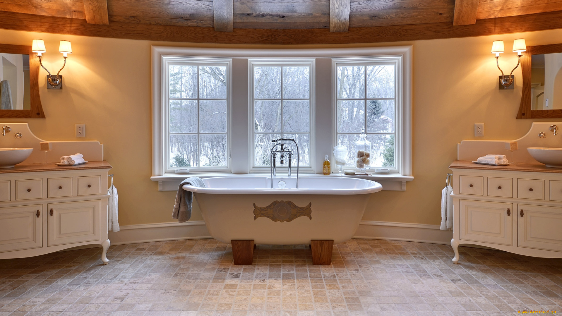 интерьер, ванная, туалетная, комнаты, ванна, окно, умывальники