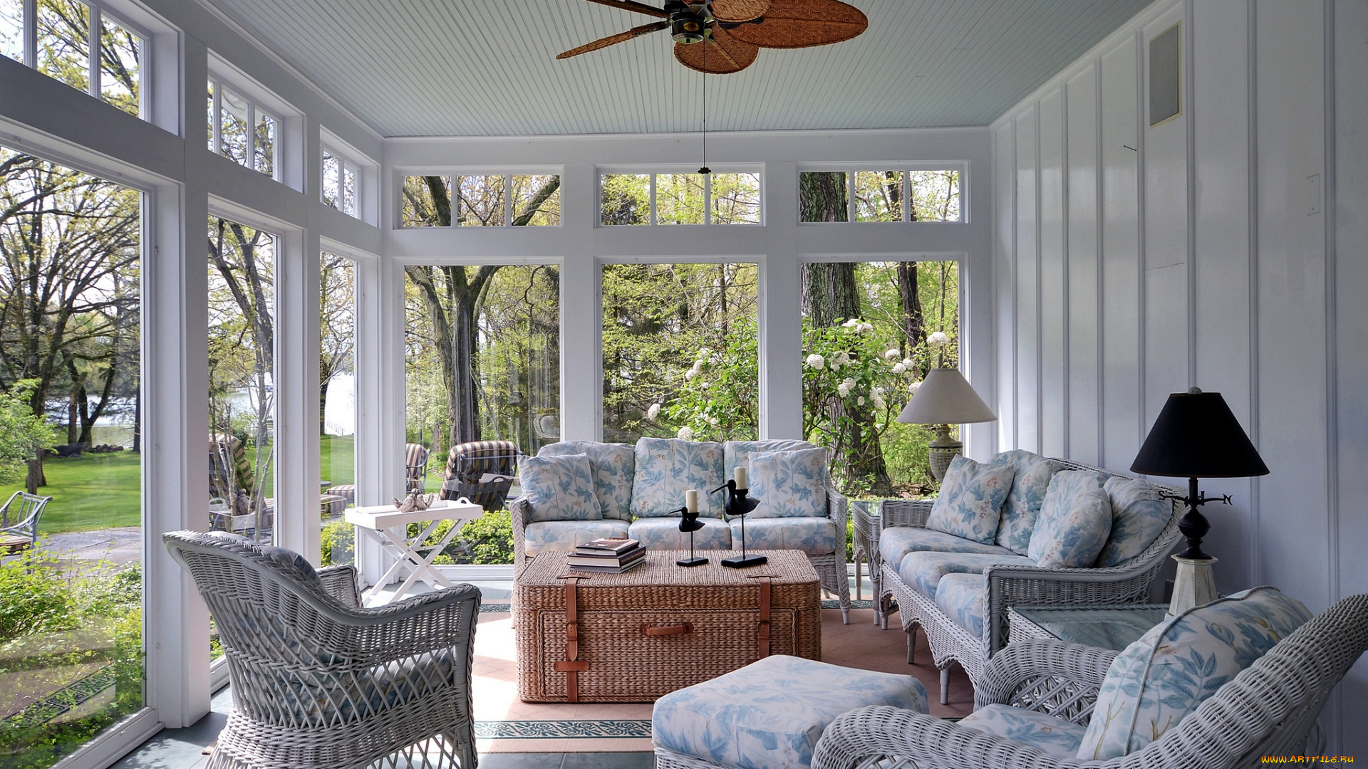 интерьер, веранды, террасы, балконы, вентилятор, кресла, окна