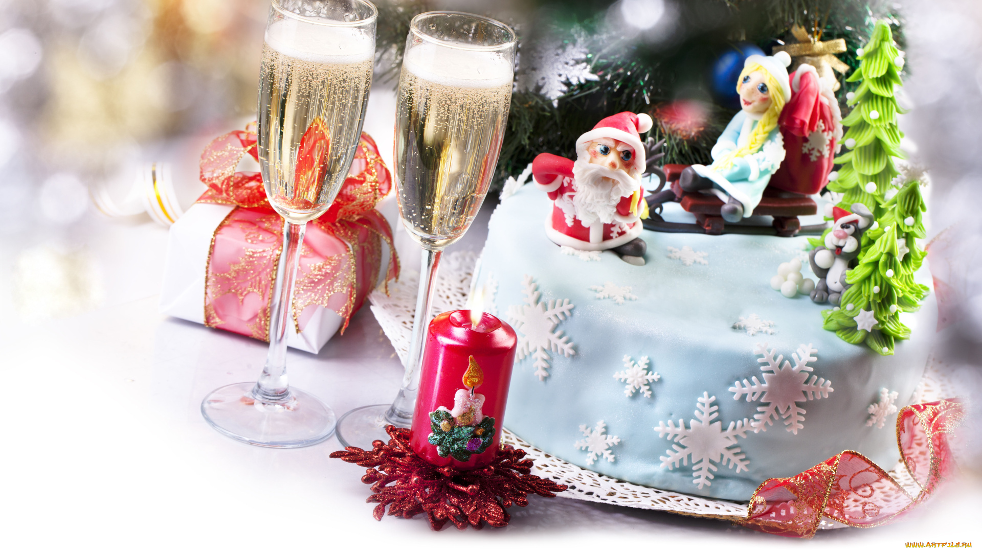 праздничные, угощения, свеча, шампанское, торт