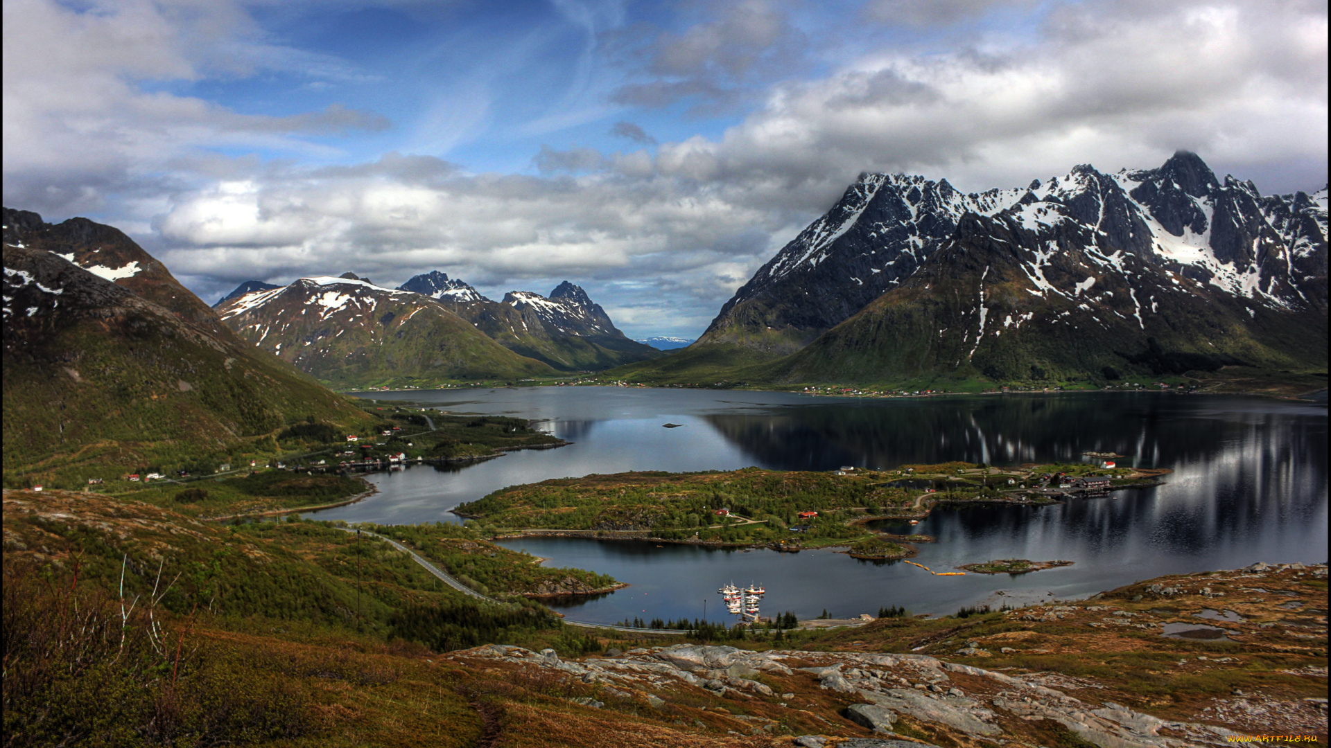 природа, реки, озера, снег, горы, норвегия, осень, остров, озеро