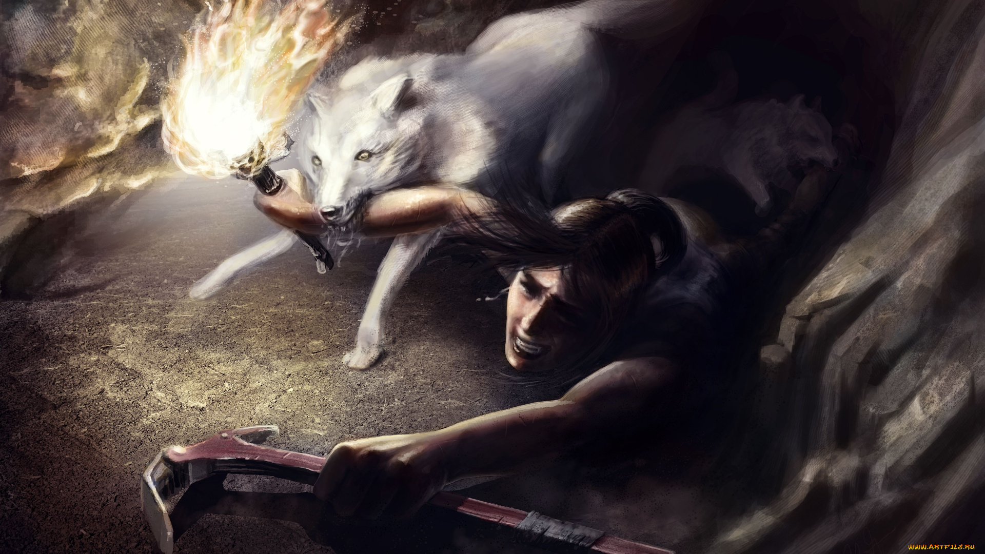 видео, игры, tomb, raider, 2013, lara, croft, волк, факел, пещера, ледоруб, арт