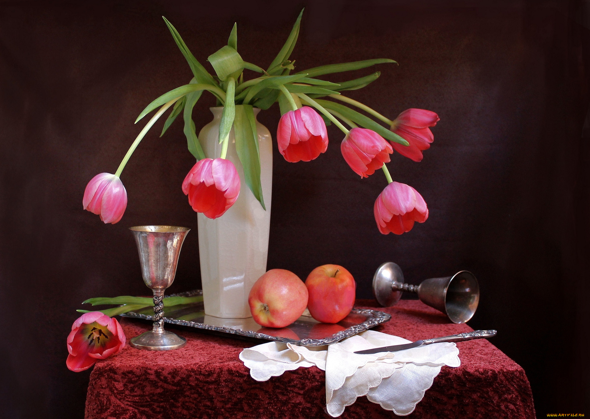 цветы, тюльпаны, букет, бокал, яблоки