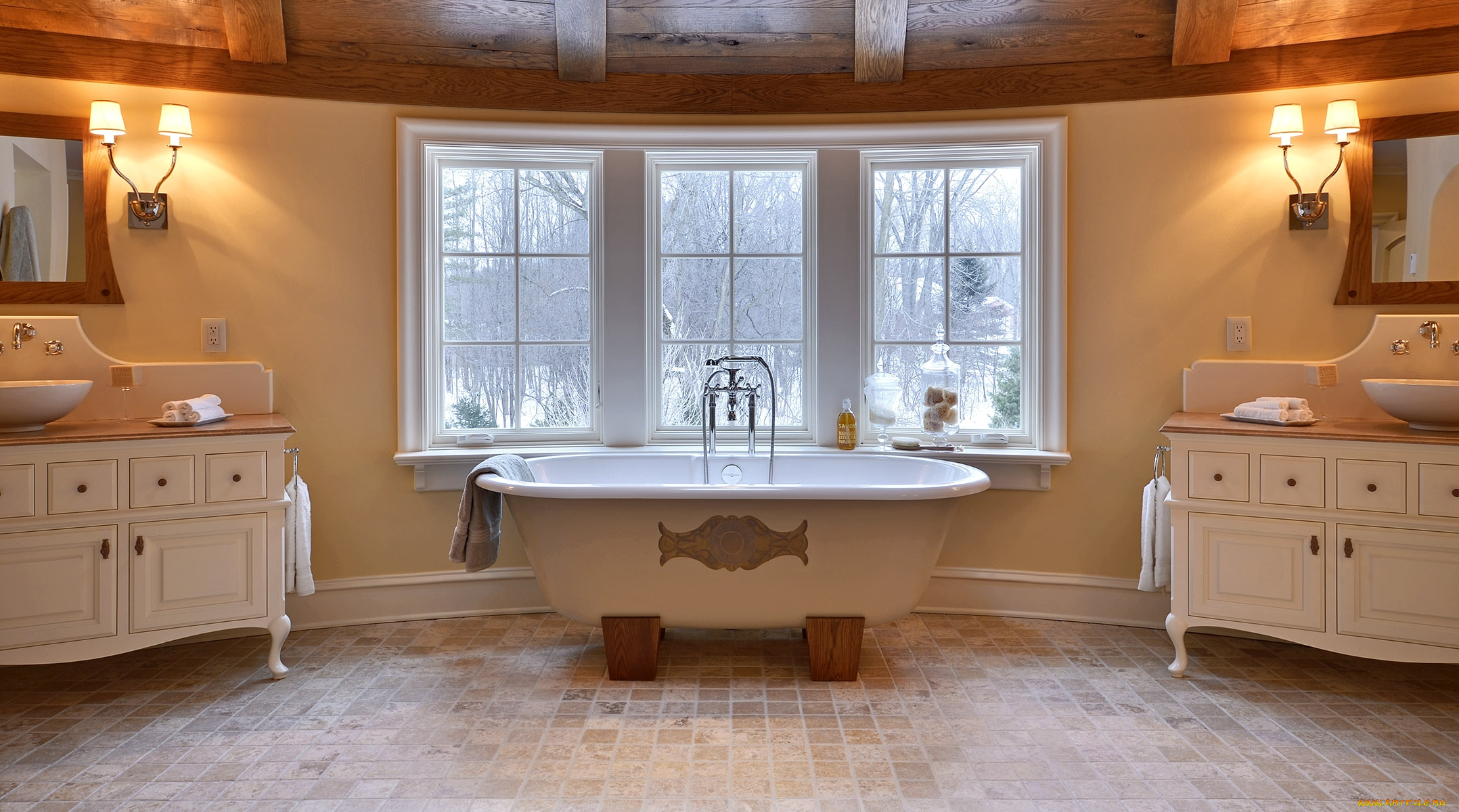 интерьер, ванная, туалетная, комнаты, ванна, окно, умывальники