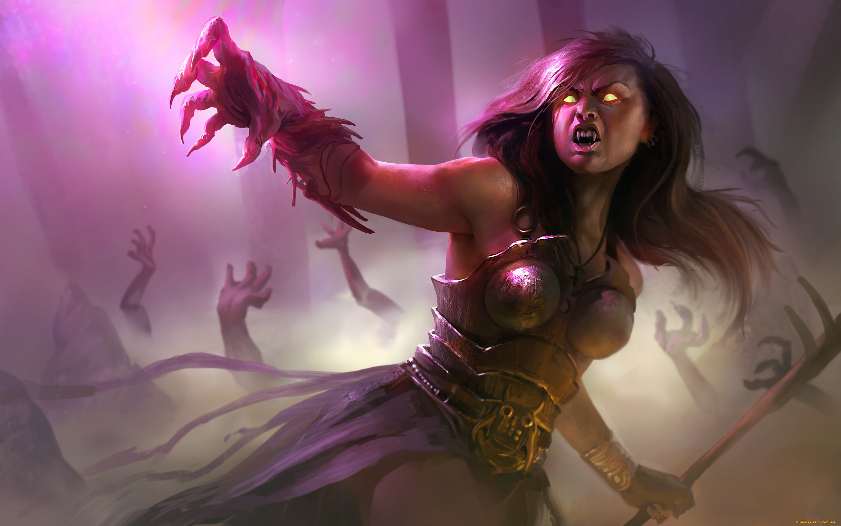 фэнтези, существа, когти, клыки, туман, доспехи, горящие, глаза