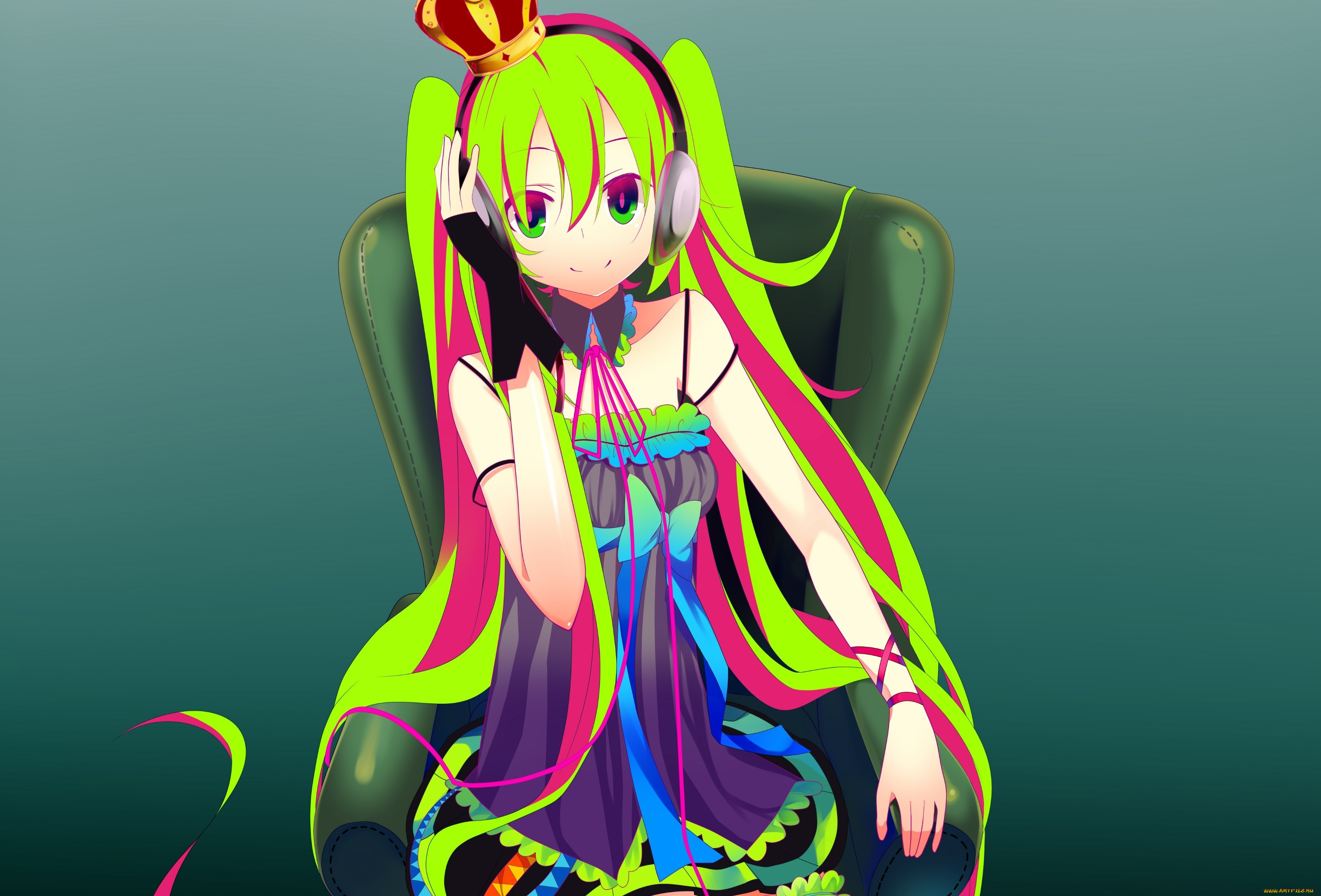 аниме, vocaloid, девушка, наушники, корона, hatsune, miku