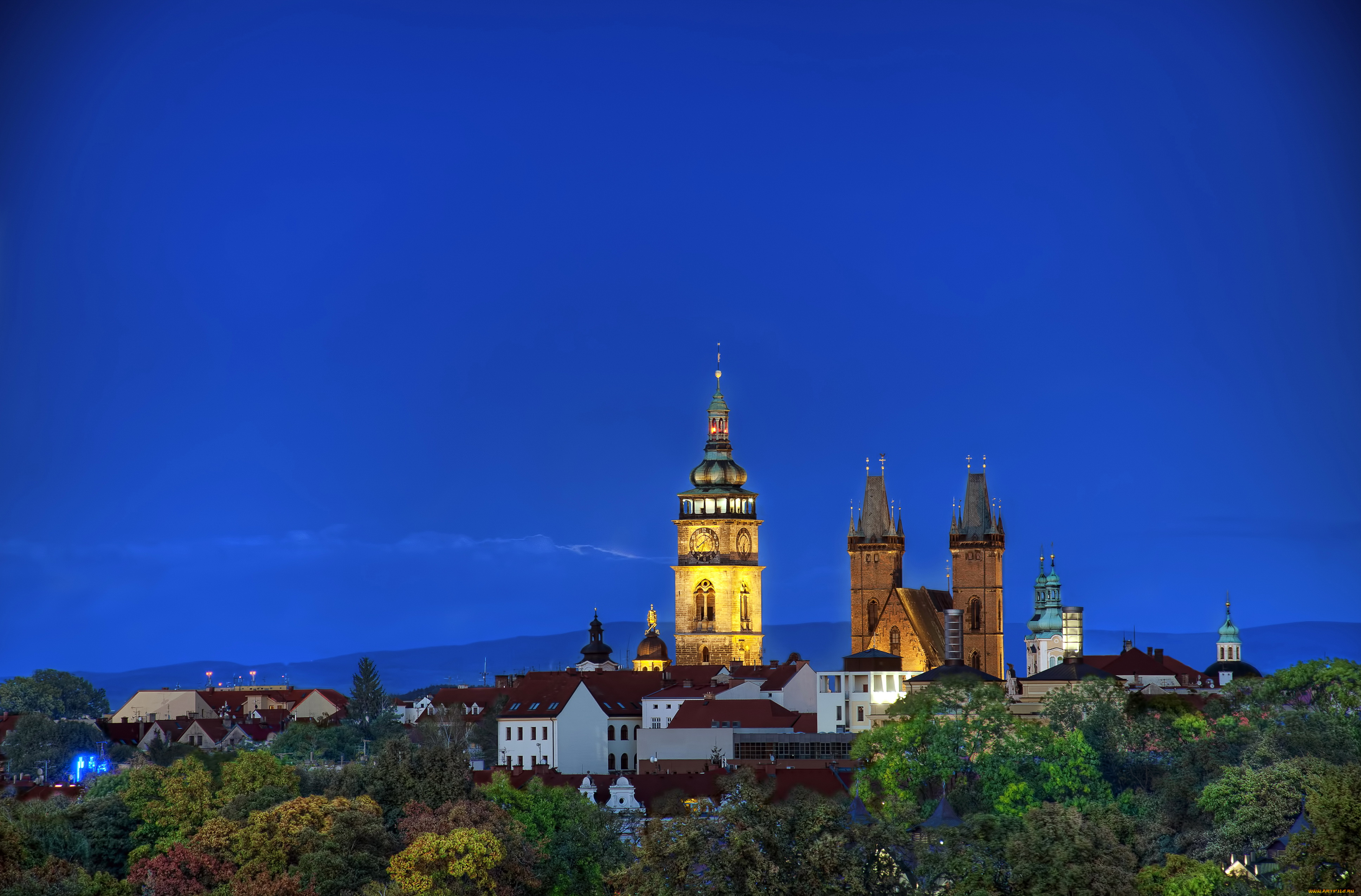 hradec, krаlovе, Чехия, города, огни, ночного, дома, ночь