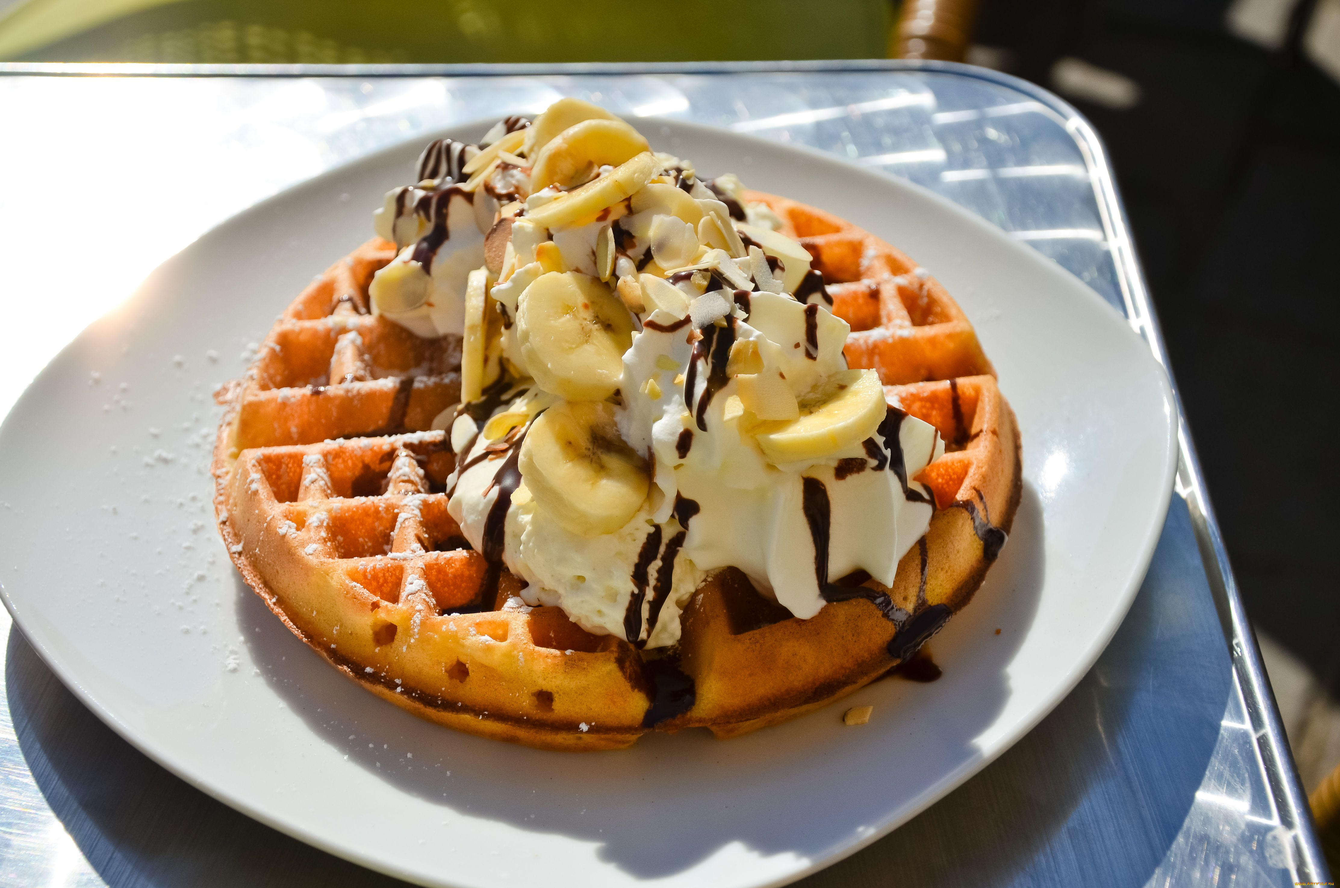 еда, мороженое, десерты, сливки, банан, вафля